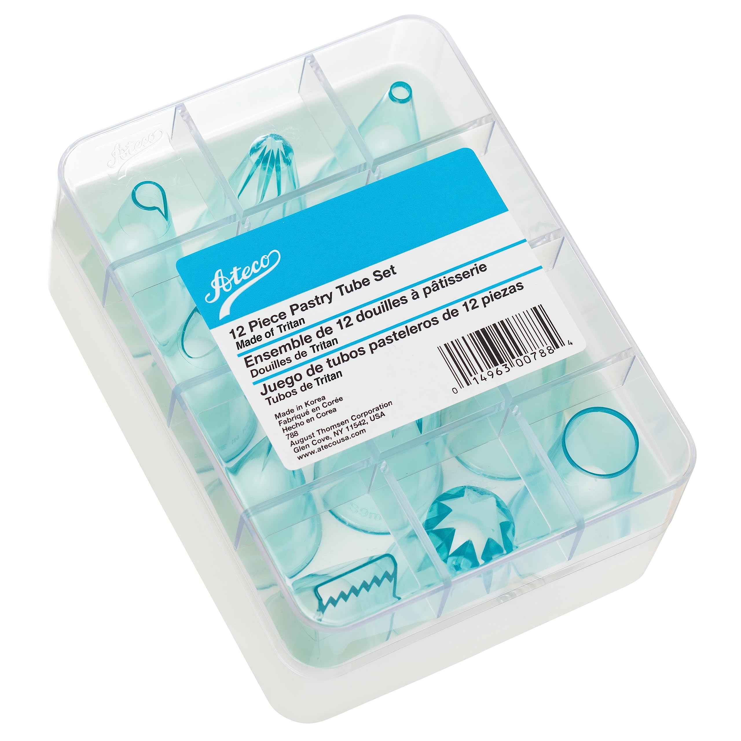 Ateco - 12 Piece Cake Decorating Tube Set, High Impact Plastic Tubes In Storage Box,Silver