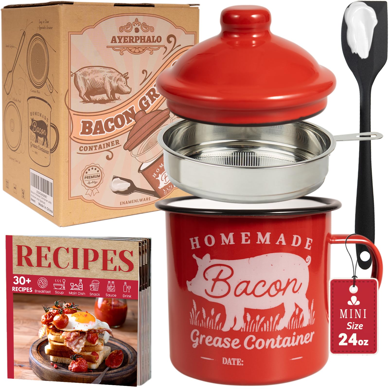 Ayerphalo Bacon Grease Container with Strainer - With Food-Grade Silicone Spatula, 24oz Enamel Rustic Farmhouse Fat Container, K