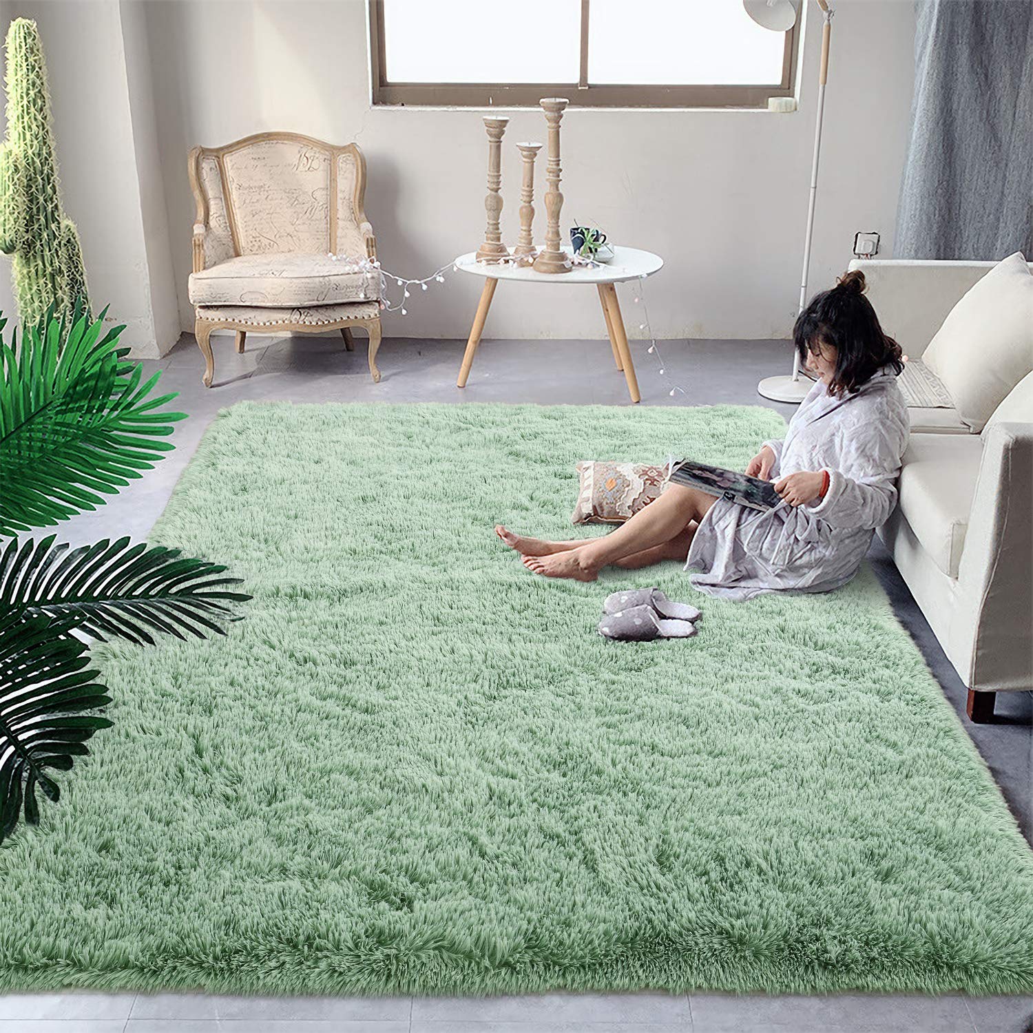 DweIke Fluffy Shaggy Area Rug, 8x10 Feet Sage Green Plush Rugs for Living Room Bedroom, Soft Carpets for Kids Girls Boys Room, E
