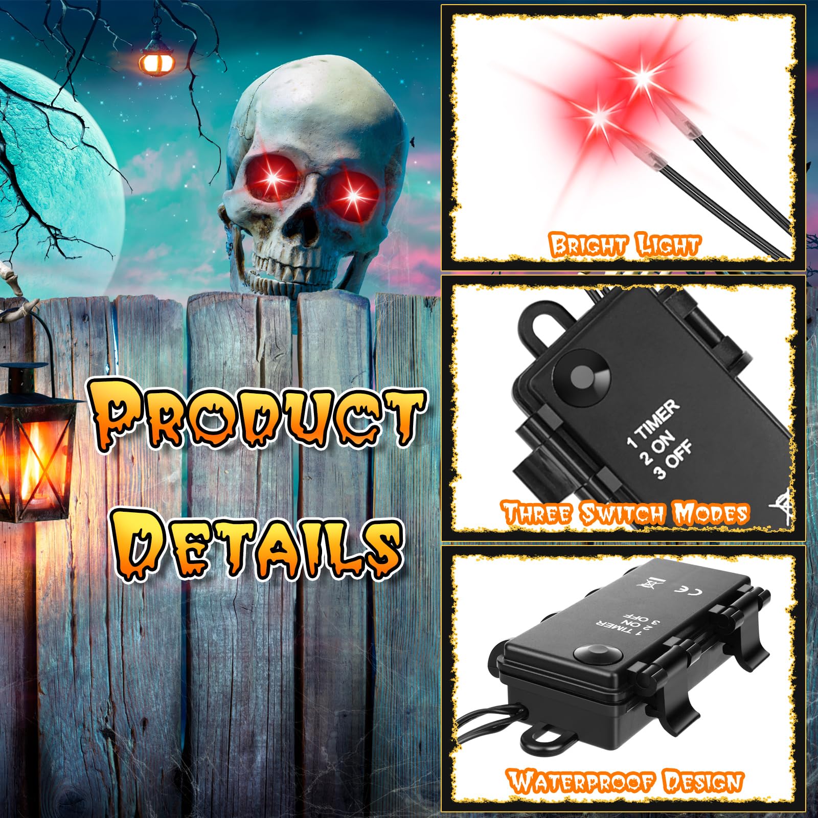 Mkway 6 Pcs Halloween Led Glowing Eyes with Timer, Light Up Eyes for Skeleton Horror DIY Masks Pumpkins Tombstones Props(Batteri