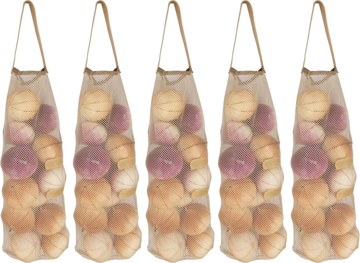 Hanging Mesh Storage Bags 5Pack Potatoes Bags Onion Bags Mesh Garlic Net Bags Long And Large Reusable Net Storage Produce Bags (
