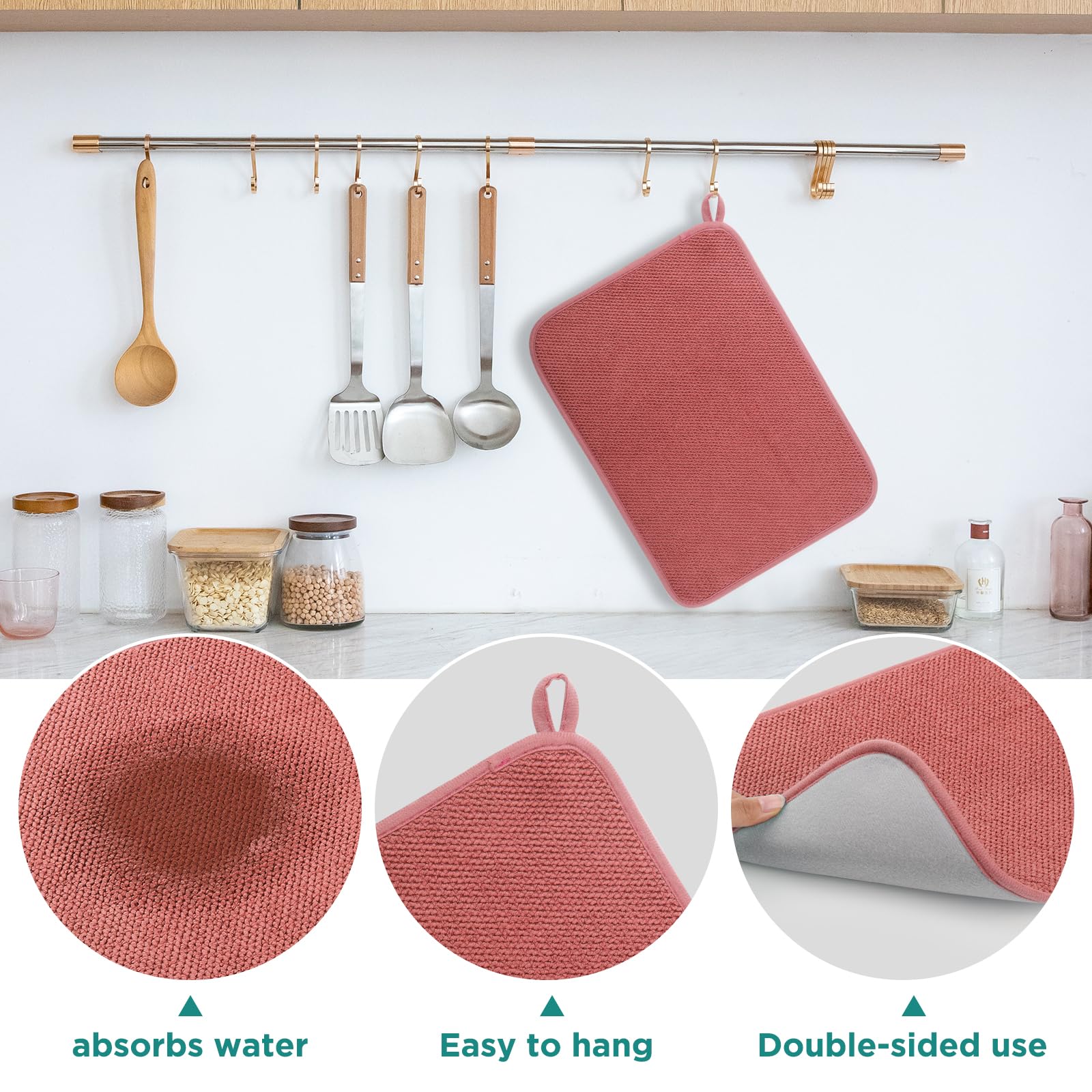 Geeric Microfiber Dish Drying Mat, Super Absorbent Kitchen Dish Drying Pad, Reversible For Countertop, 12*16 Inch Red