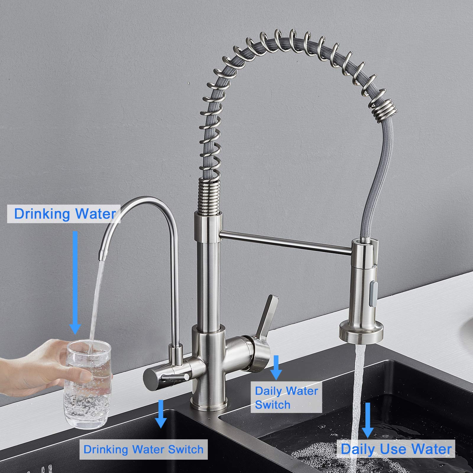 MENATT Purifier Kitchen Faucet  Commercial 3 in 1 Spring Drinking Water Faucet  Pull Down Water Filter Kitchen Sink Faucets (Brushed Nickel)