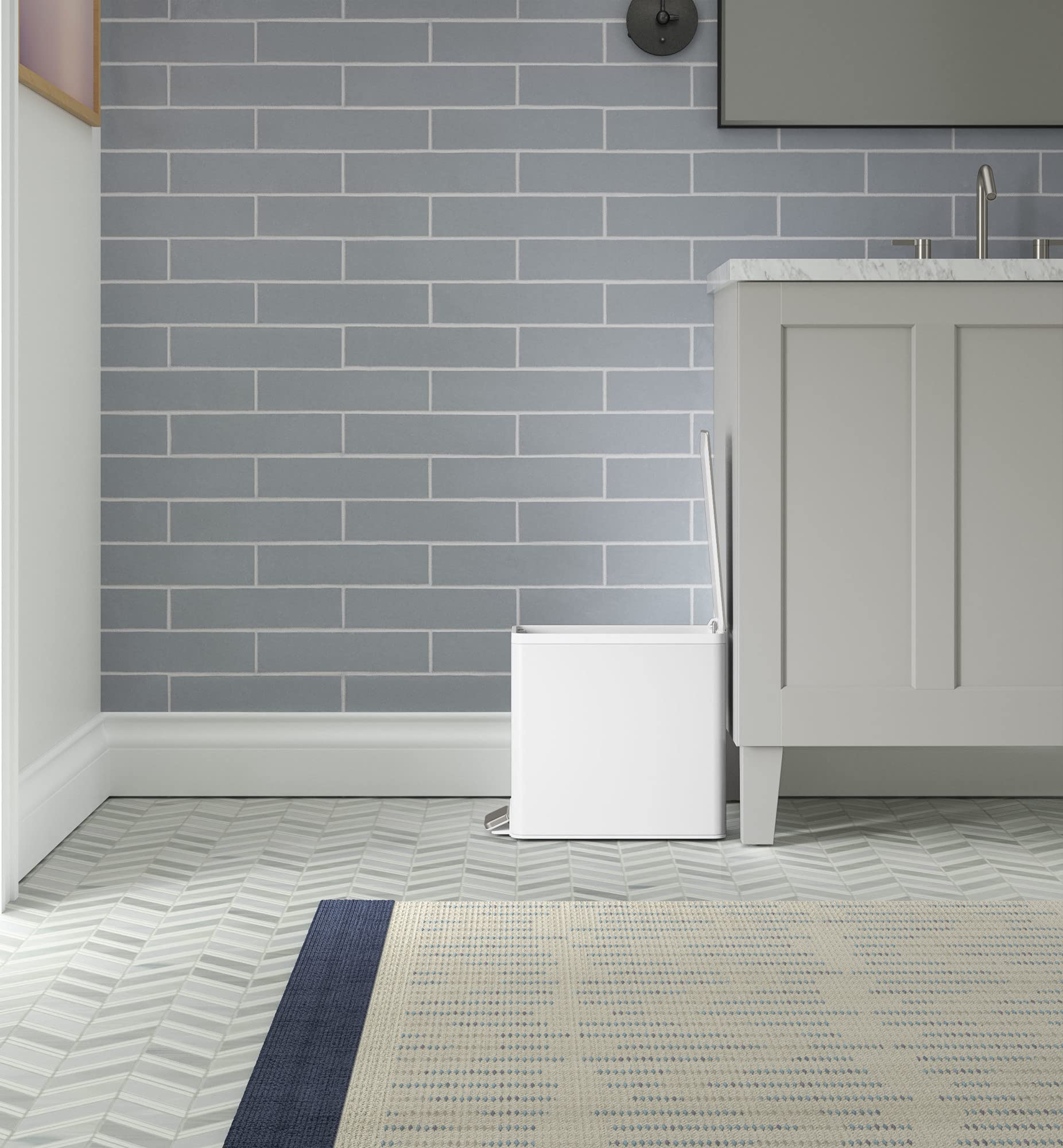 KOHLER 20957-STW 2.5 Gallon Slim Step Trash Can  Bathroom Trash Can with Soft-Close Foot Pedal  White with Stainless Steel