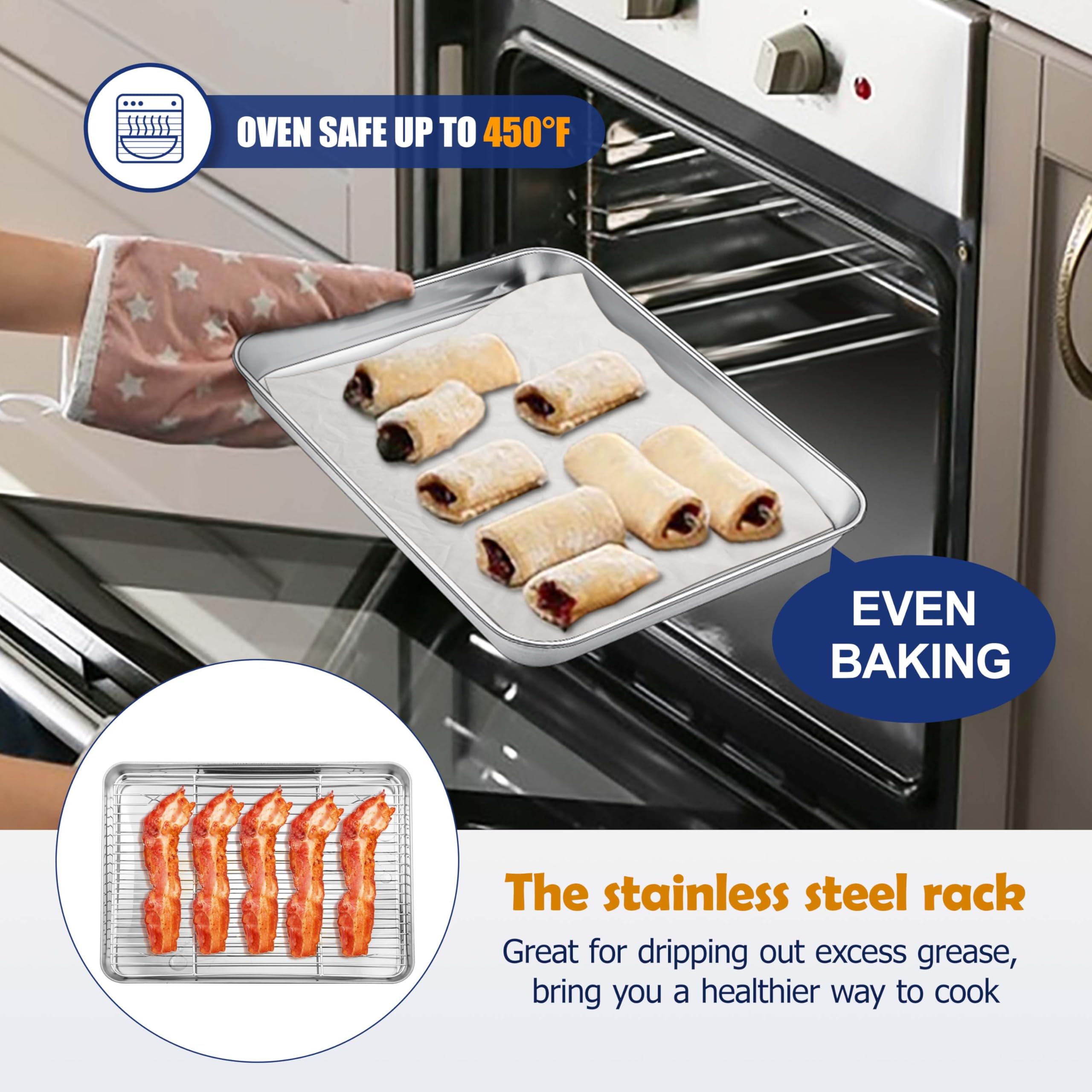 10.4 Inch Toaster Oven Pan With Rack Set, Joyfair Stainless Steel Cookie Pan Baking Tray With Bacon Rack, Small Commercial Nonst