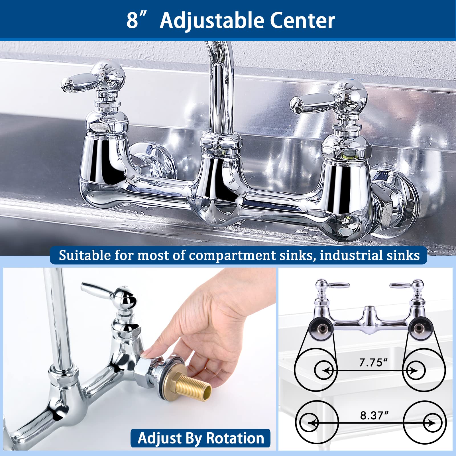 AGAHPAY Commercial Kitchen Sink Faucet with Pre Rinse Sprayer 8 Adjustable Center Wall Mount Restaurant Faucet with 12?Swing Spout 25?Height for Compartment Sink  Industrial  Chrome  Solid Brass