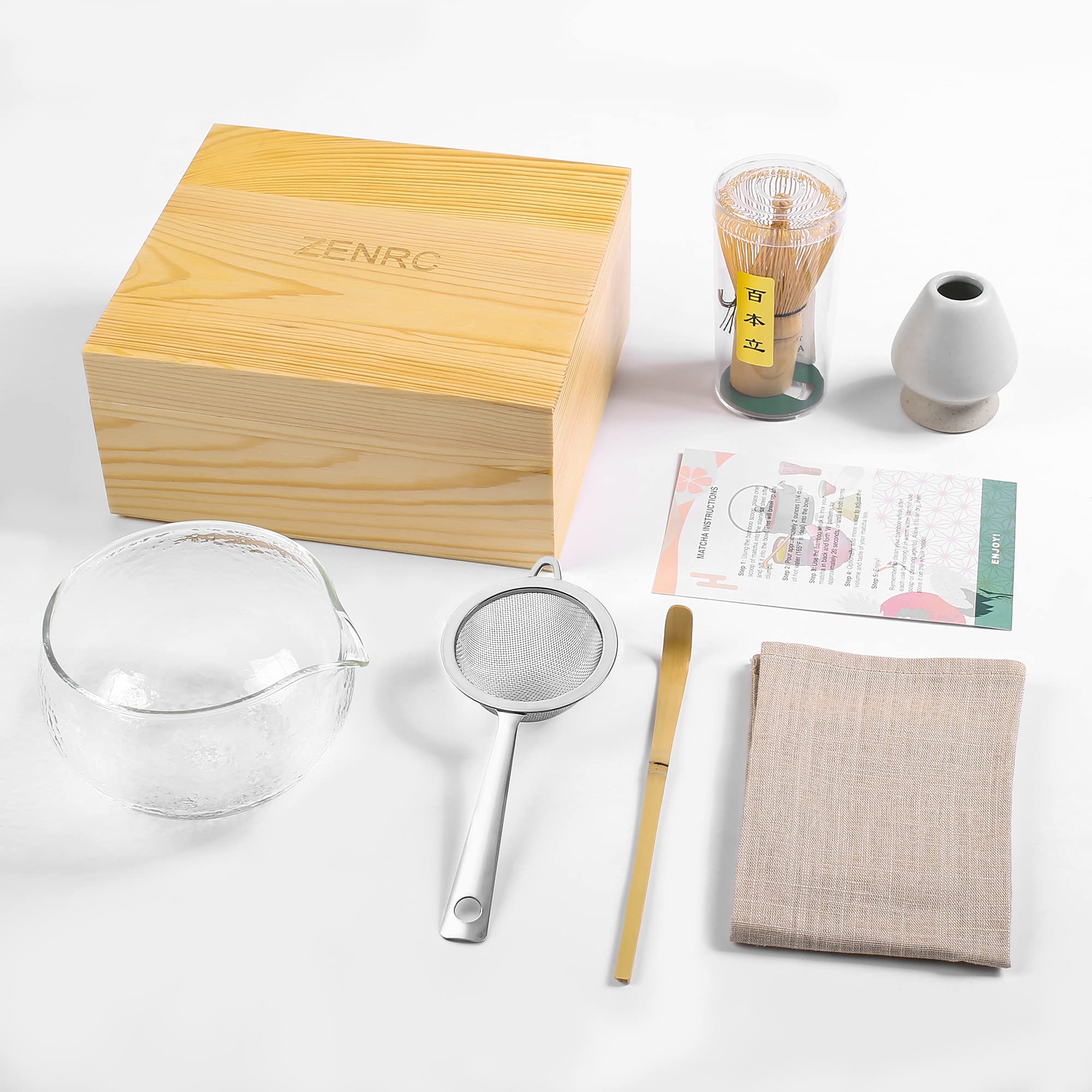 Bamboo Matcha Whisk Kit, Matcha Tea Set, Bamboo Matcha Whisk And Bowl (Chawan) Scoop (Chashaku), Chasen Holder, Tea Strainer (Si