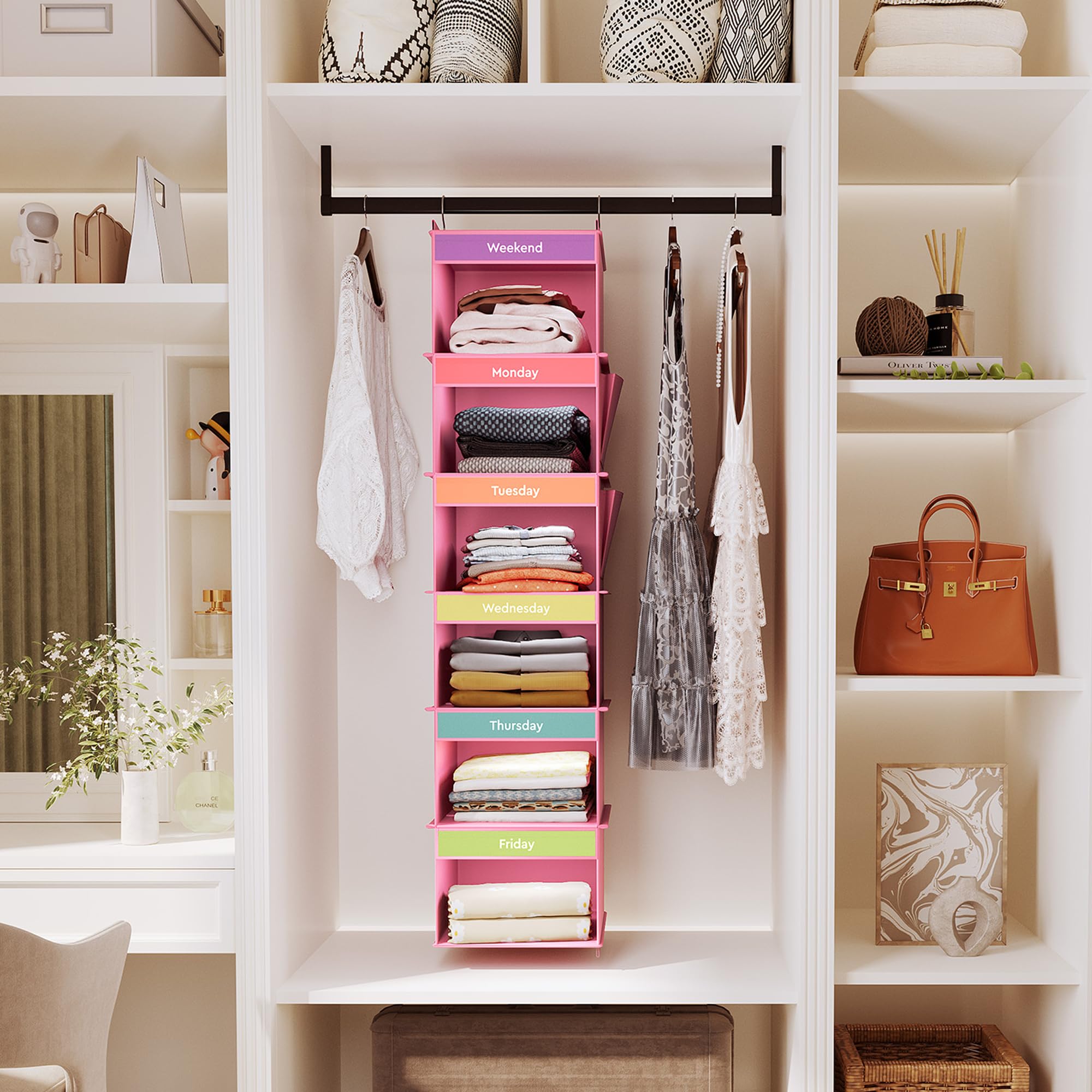 Youdenova 6-Shelf Weekly Hanging Closet Organizer, Weekly Clothes Organizers For Kids With 2 Side Pockets, Pink