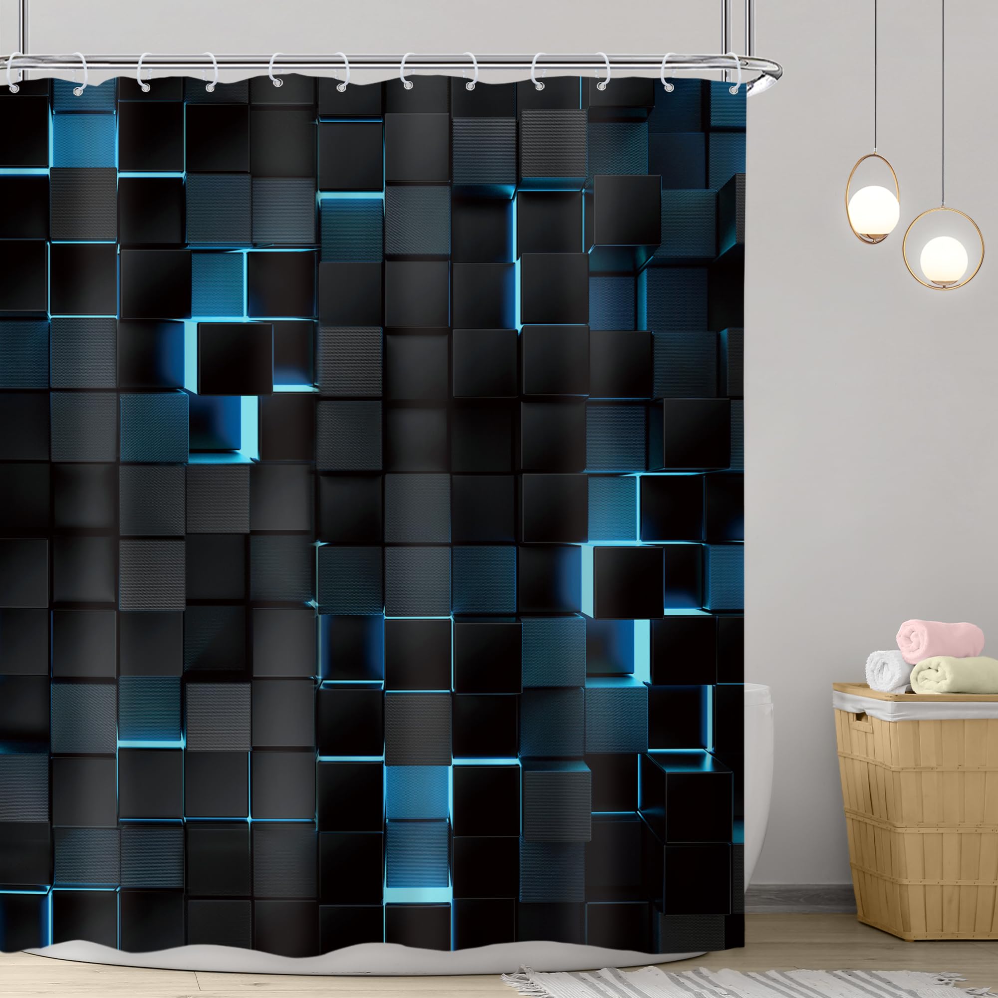 Riyidecor Black Navy Blue Wall Shower Curtain 60Wx72H Inch Abstract Brick Modern 3D Gradient Design Futuristic Cubes Geometric P