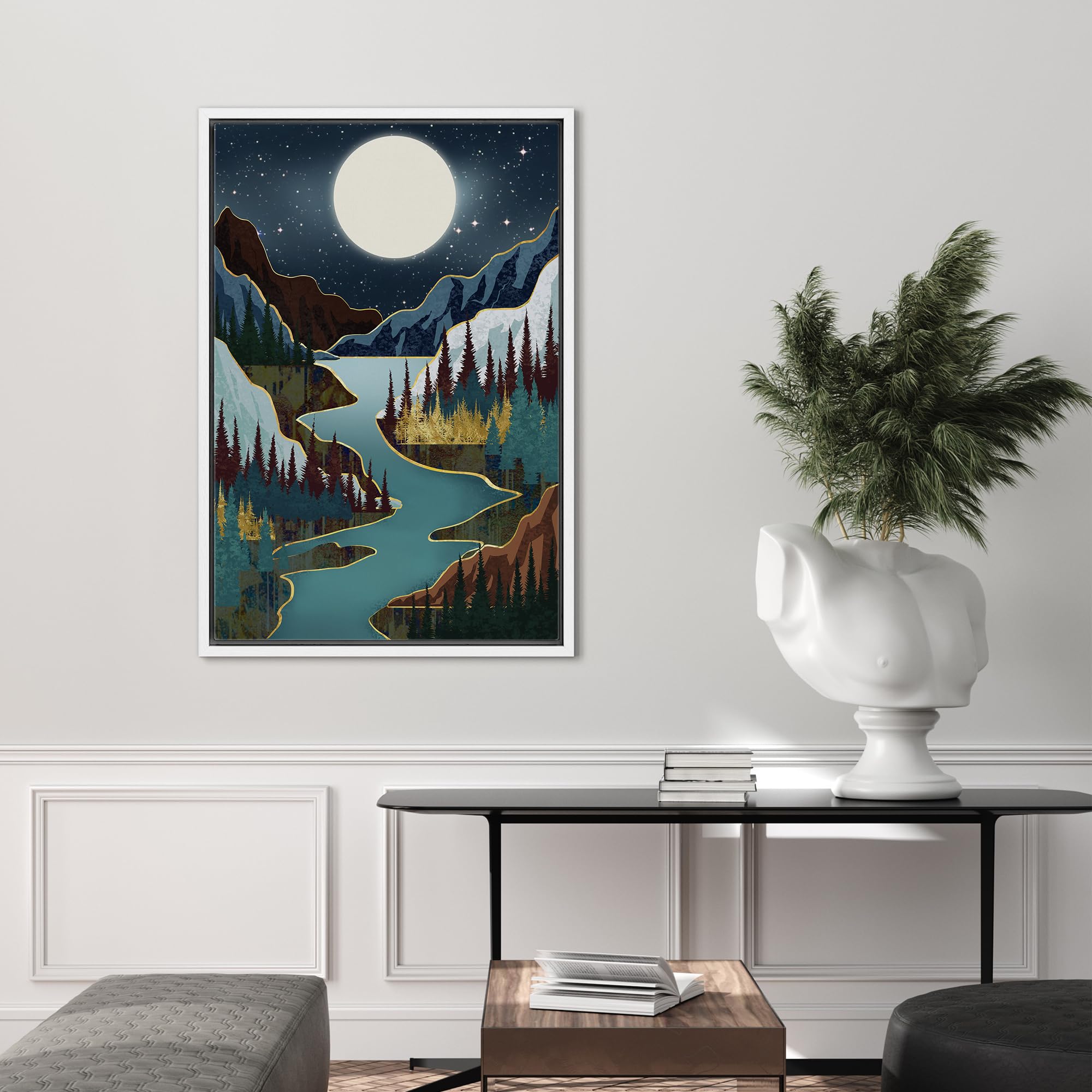Signford Framed Canvas Print Wall Art Moon Mountain Lake Nature Wilderness Illustrations Modern Art Decorative Rustic Relax/Calm