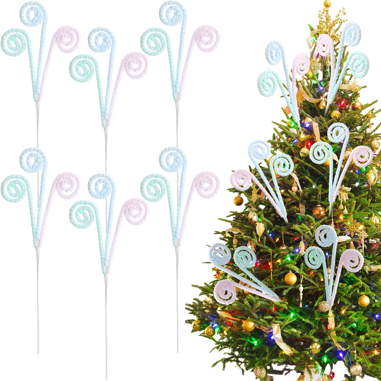 Gerrii 16 Pastel Christmas Decor Candy Cane Tree Picks Christmas Ornament Pastel Curly Pick Spray Macaron Stem Topper Large Loll