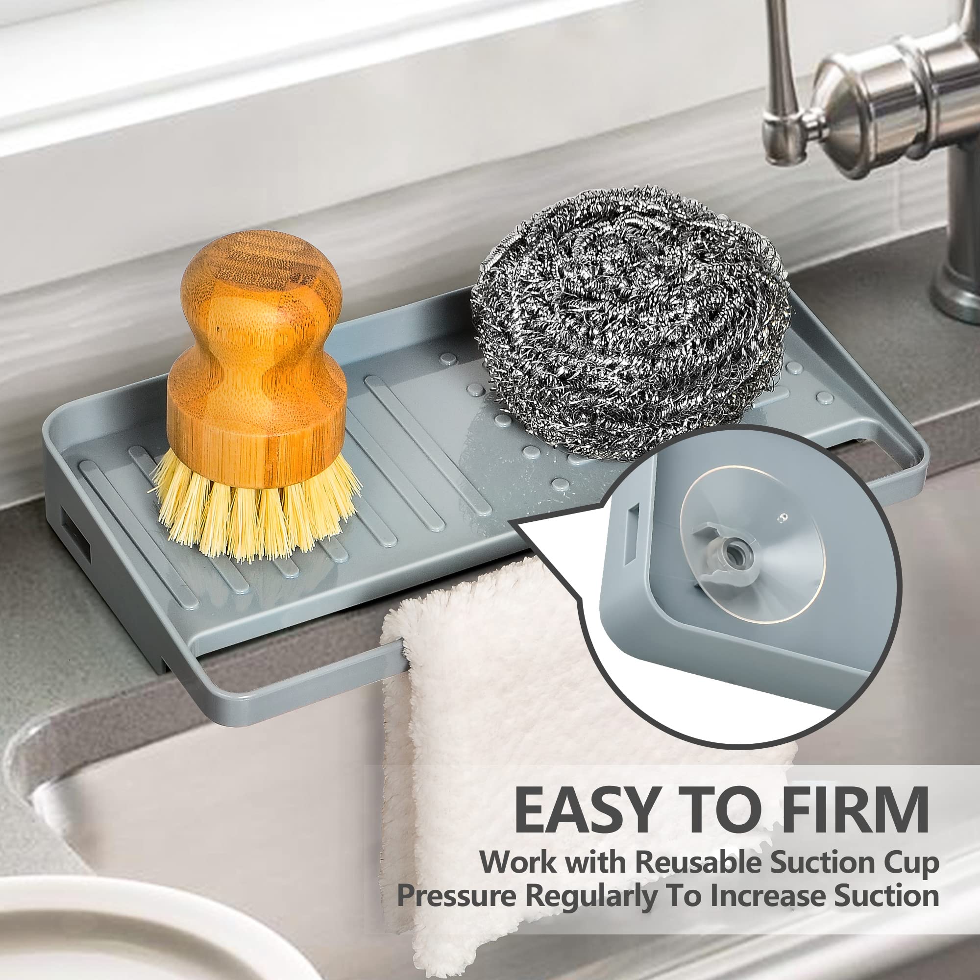 JOMOLA Kitchen Sink Sponge Holder - 2-in-1 Plastic Scrubber Tray with Suction Cup, Gray, Model JK-P1503D_XL