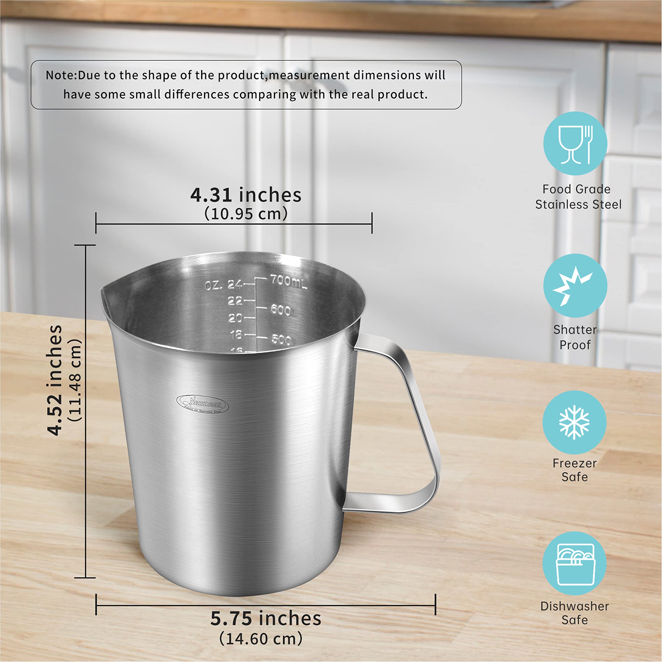 Newness Stainless Steel Measuring Cup - 24 Oz (3 Cup, 700 ML) with 3 Measurement Scales - Silver, Model 8541975118