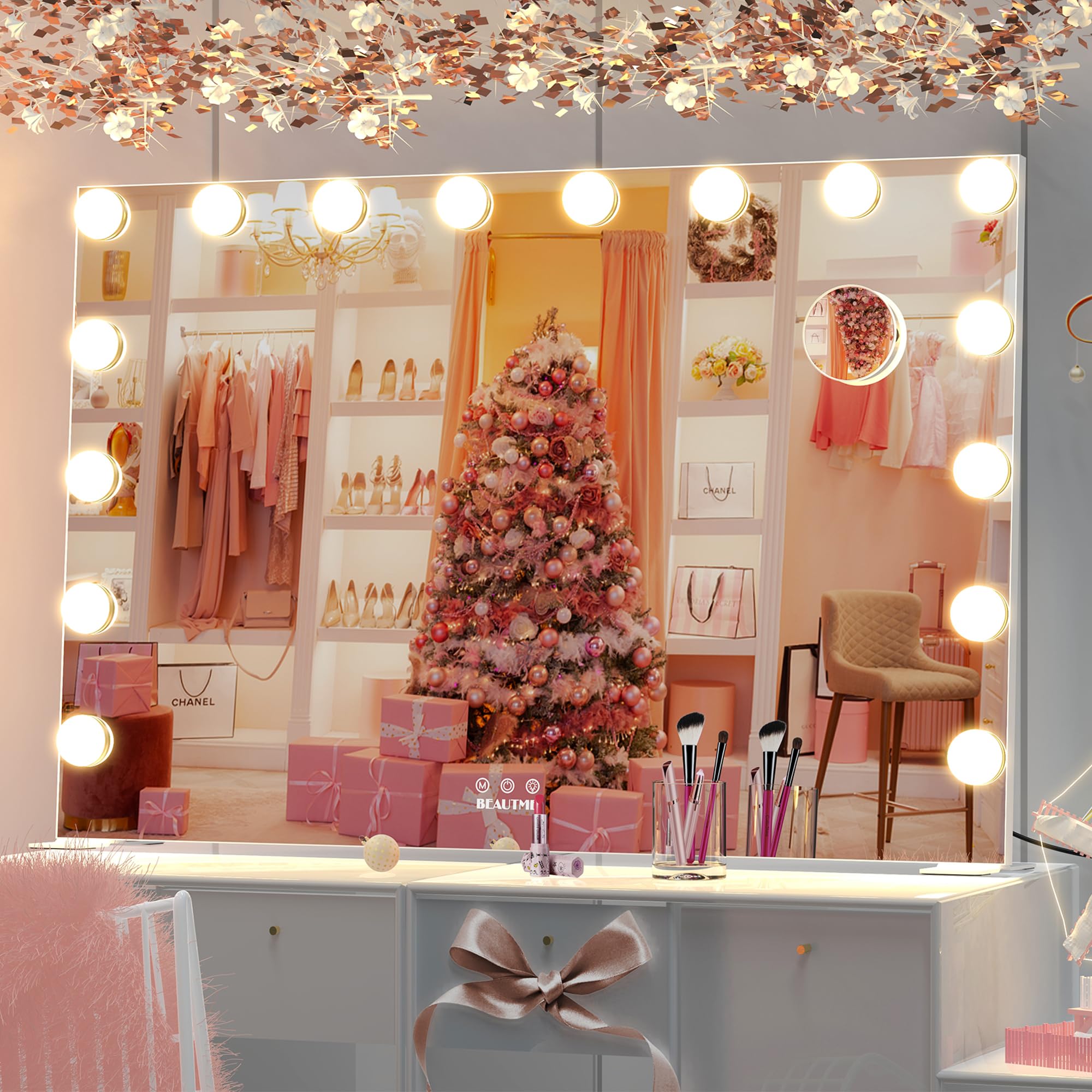 Beautme Large Vanity Mirror With Lights, 35.9''  24.3'' Makeup Mirror, Light Up Mirror With 16 Dimmable Led Lights And 10X Magni