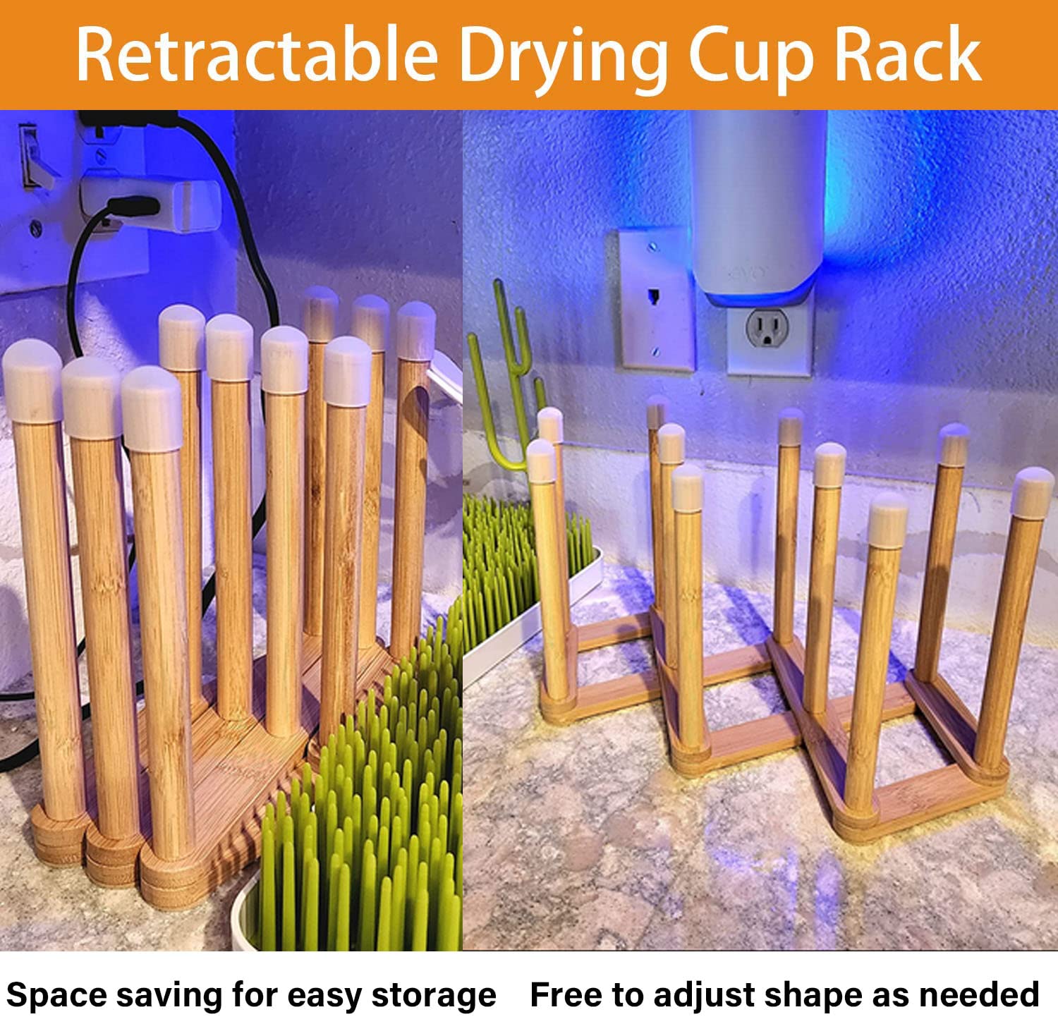 Cyauatt Bamboo Retractable Bottle Drying Rack, 7.9x3.9x7.5 inches, Original Bamboo Color, Model CT0029, Multifunctional Kitchen Drainer Stand