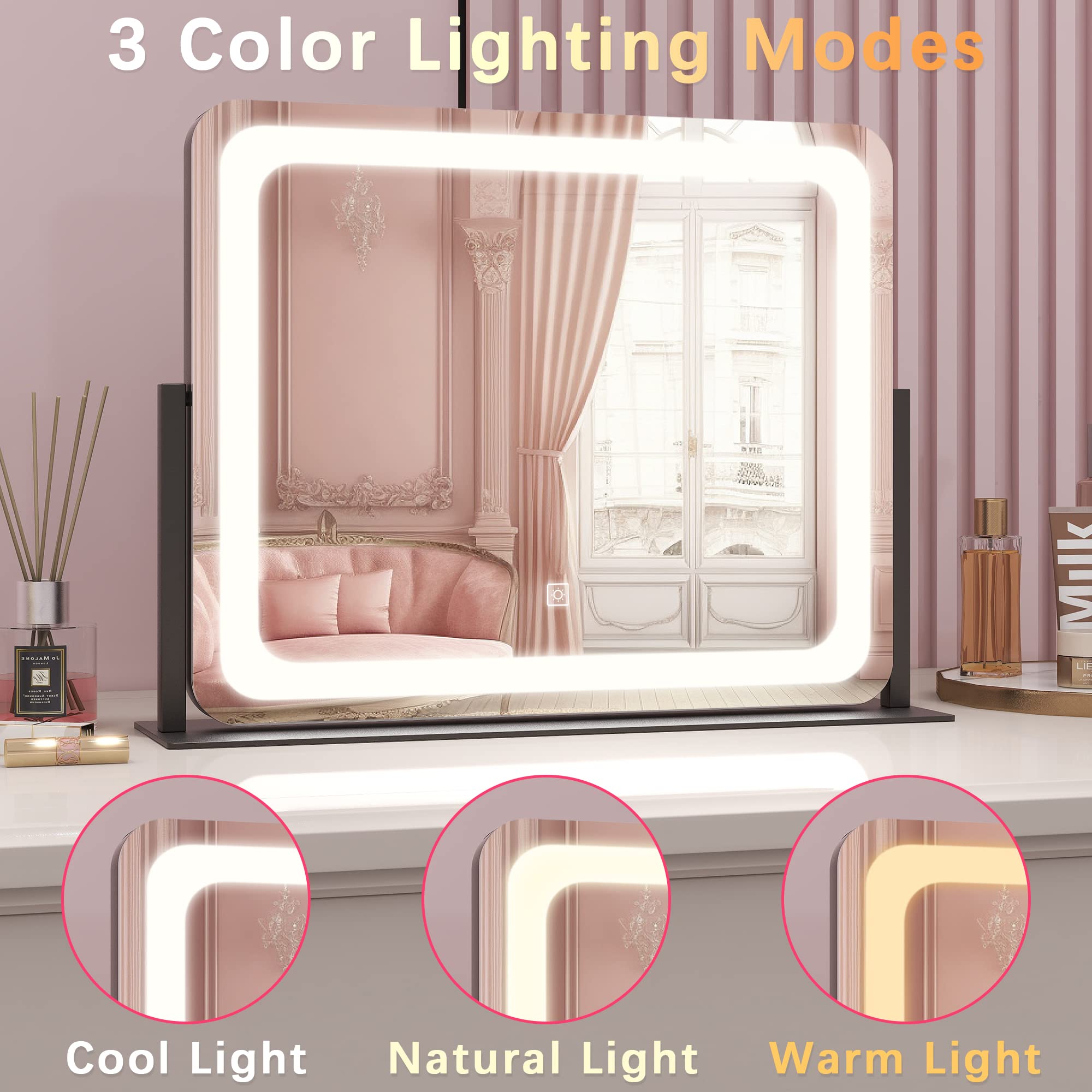 Rolove 22X17 Inch Lighted Vanity Mirror With Dimmable Led Lights - 3 Color Modes, Smart Touch Control & 360 Rotating Base - Desk