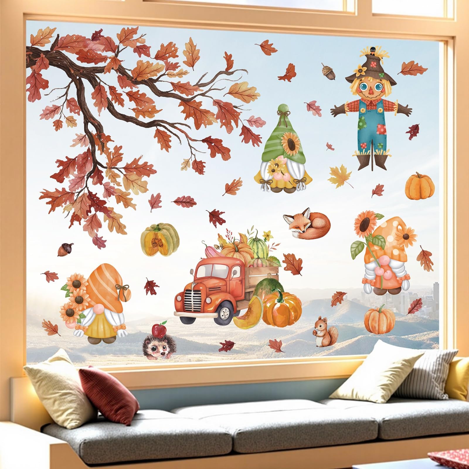 Celestdeco Thanksgiving Window Decorations,Thanksgiving Fall Wall Sticker,Fall Maple Leaves Window Clings,Scarecrow Stickers for