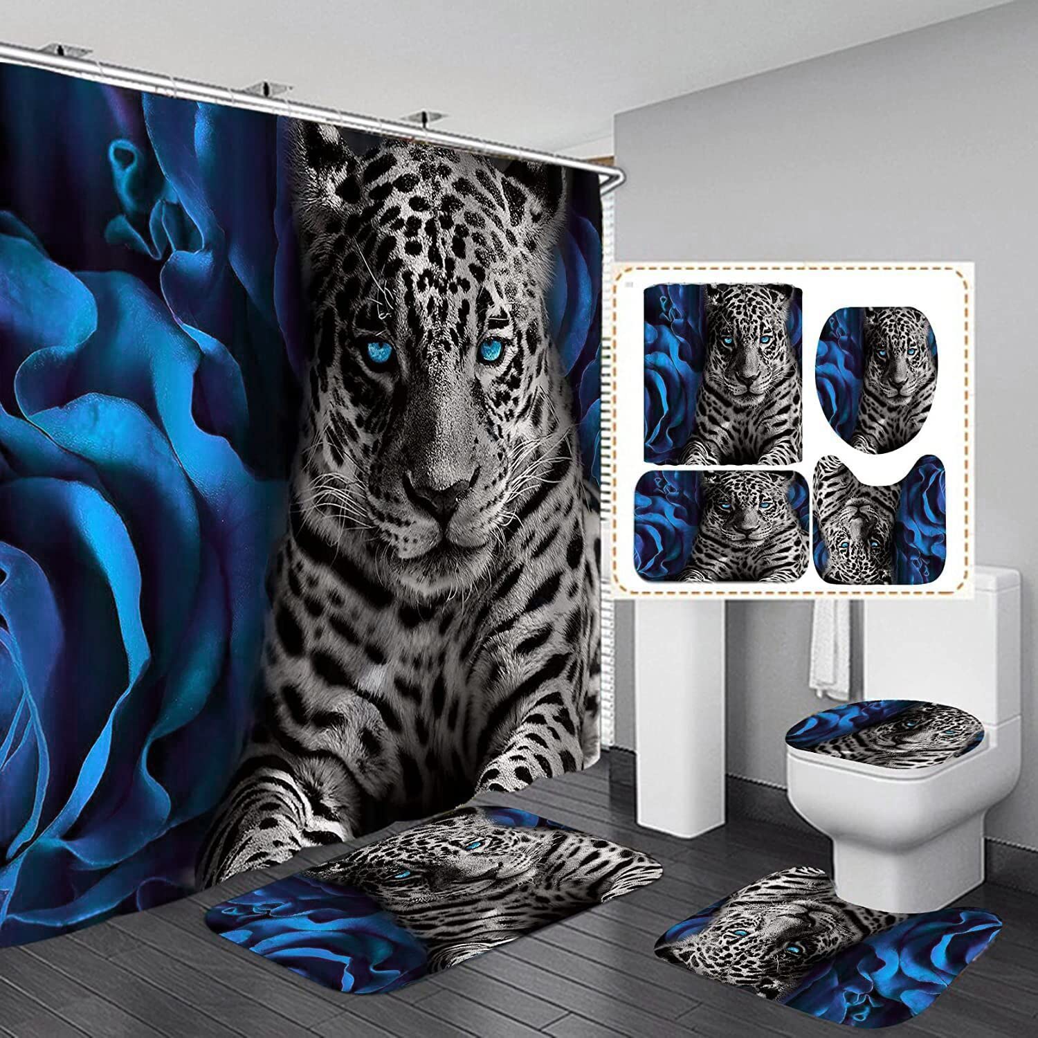 Jieprom 4Pcs Blue Rose And Leopard Shower Curtain Set With Non-Slip Rugs, Toilet Lid Cover And Bath Mat, Animal Shower Curtain W