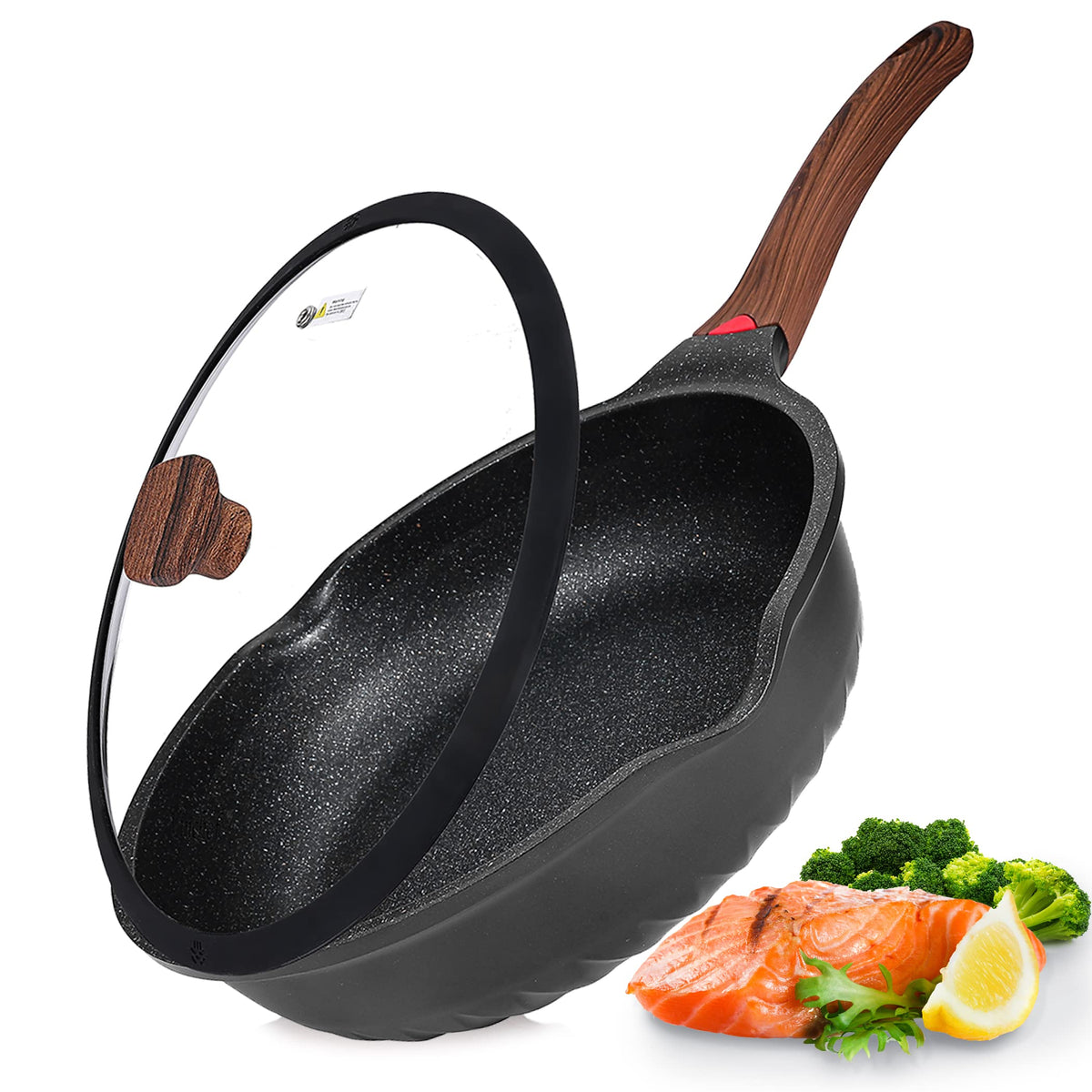 Vinchef Nonstick Deep Frying Pan Saute Pan With Lid, 12In/5.5Qt Fry Pan, German 3C+ Ceramic Coating Technology, Heat Indicator,