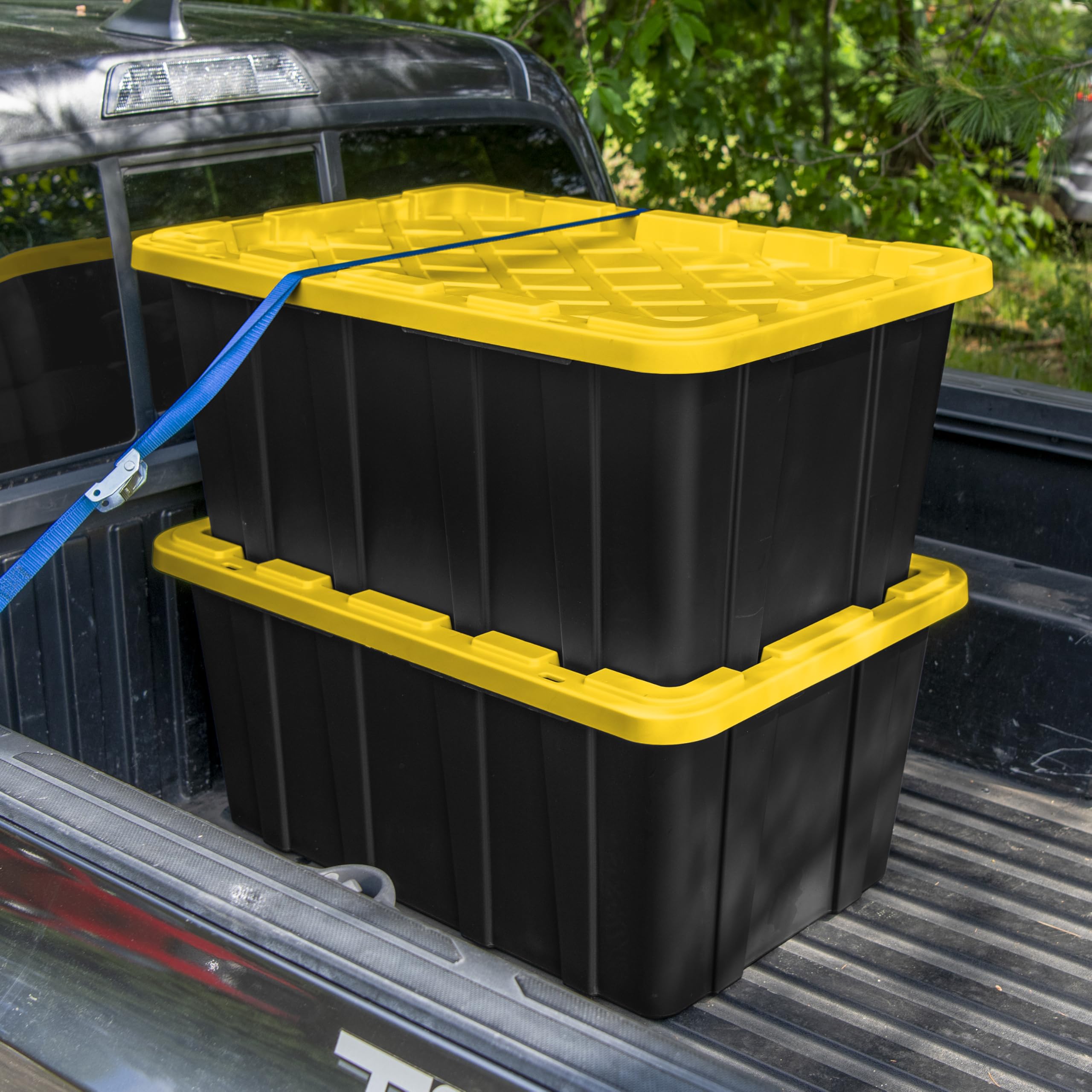 Sterilite 38 Gal Industrial Tote, Stackable Storage Bin With Snap-Fit Lid For Garage, Basement & Attic Storage, Black Base And Y