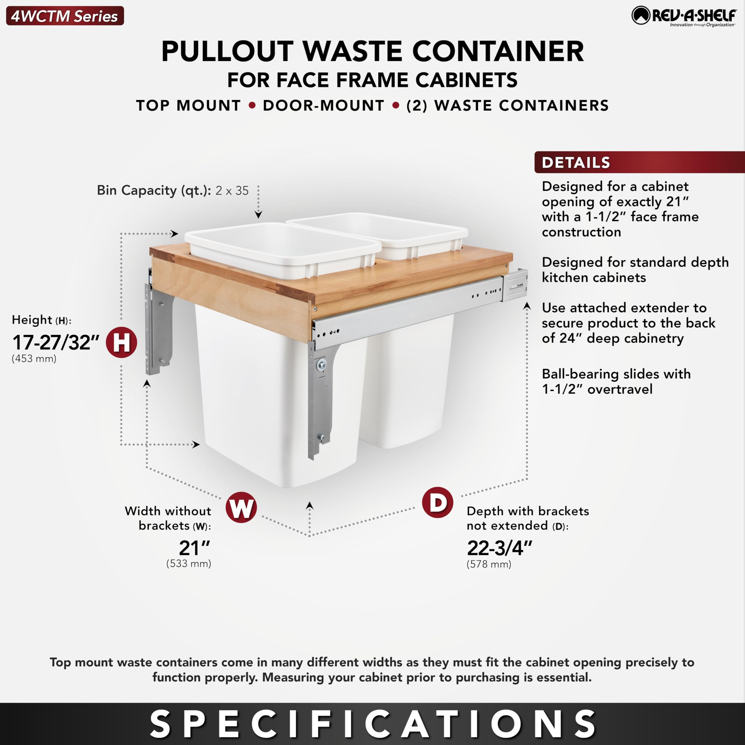 Rev-A-Shelf Double Pullout Trash Can For Base Kitchen/Bathroom Cabinets, 35 Qt Wood Top Mount Garbage Bin, 21 X 1.5 Face-Fra
