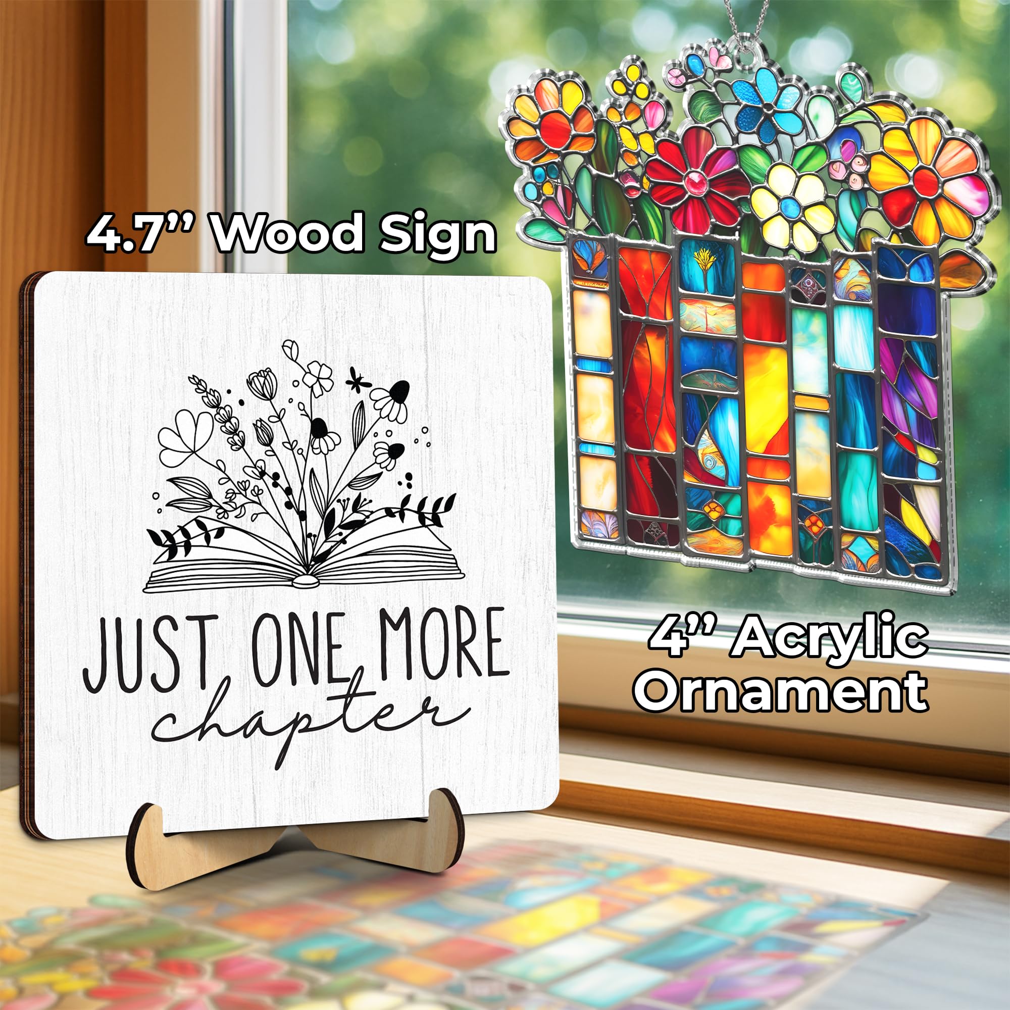 Just One More Chapter Book Lover Gift Set - Thank You Gift for Teacher, Librarian, Reader, or Book Club - Stained Glass Ornament