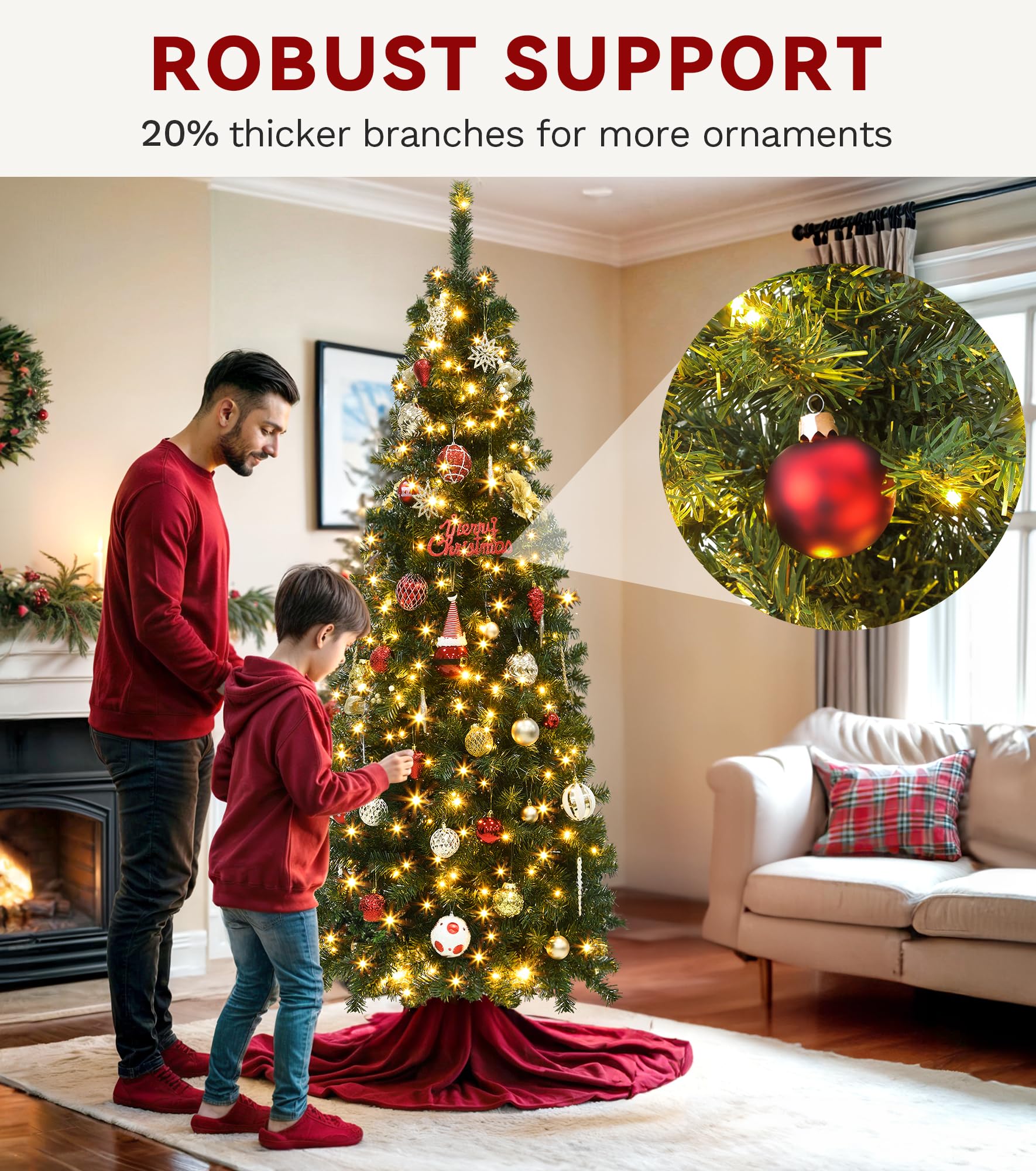 DWVO 6 FT Pre-Lit Slim Pencil Fraser Fir Artificial Christmas Tree with 200 Lights and 700 Branch Tips, Green