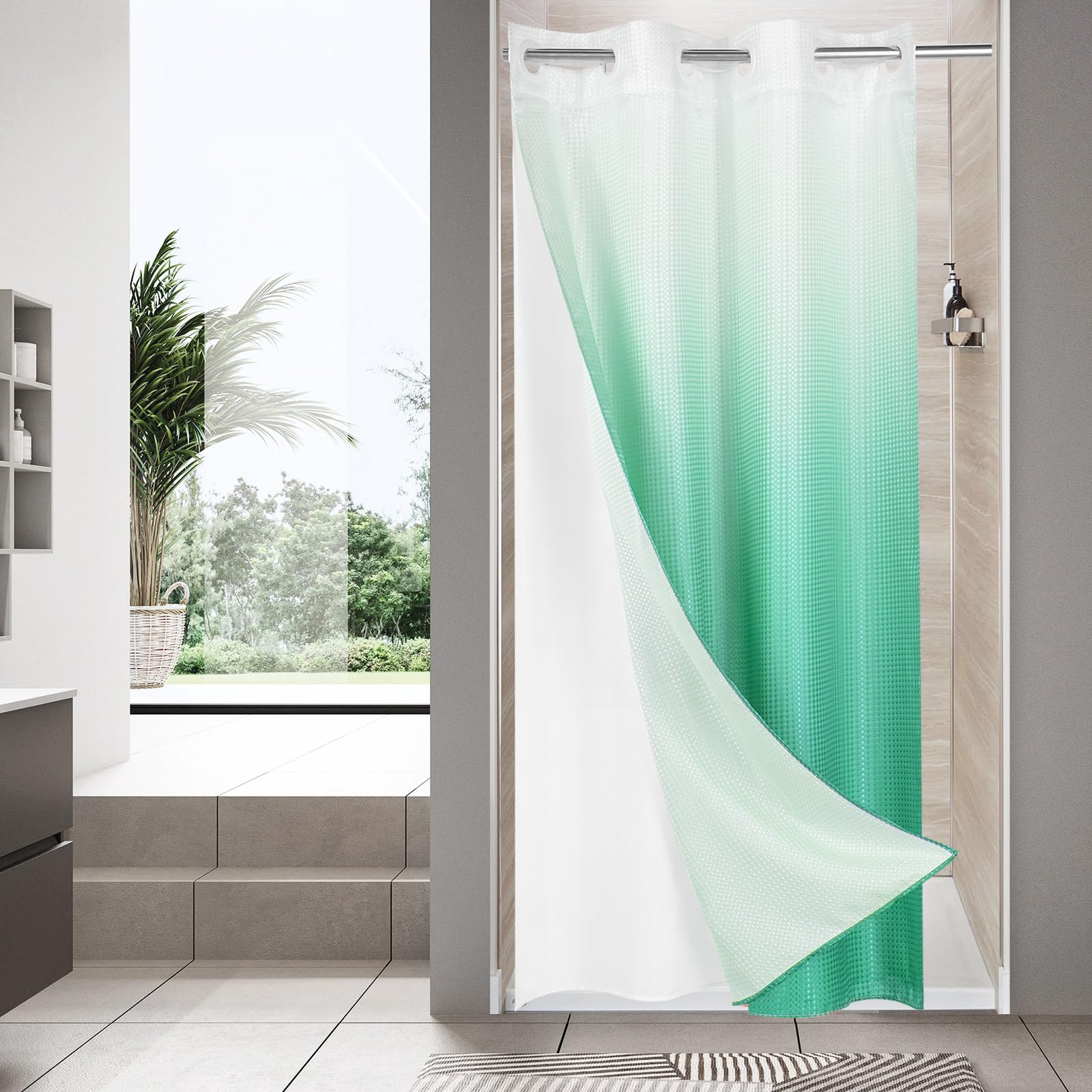 Mitovilla Teal Ombre Waffle Small Stall Shower Curtain 36 X 74, No Hooks Required Turquoise Half Size Narrow Fabric Cloth Shower