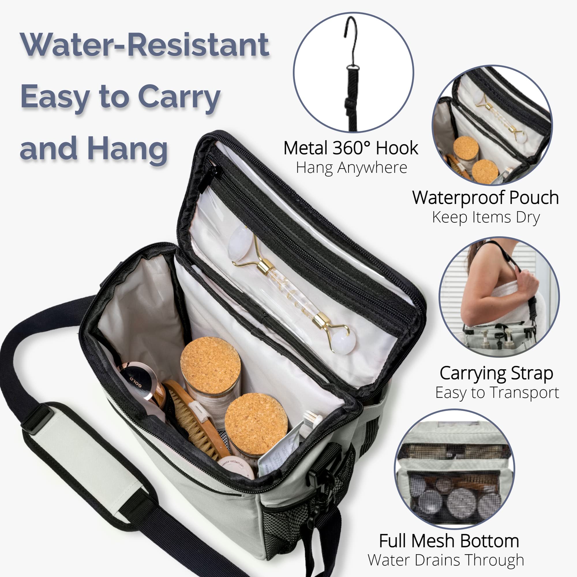 Terra Home Portable Shower Caddy Bag- Large Capacity, Quick Dry With Metal Hook - Hanging Shower Bag - Breathable Mesh Toiletry