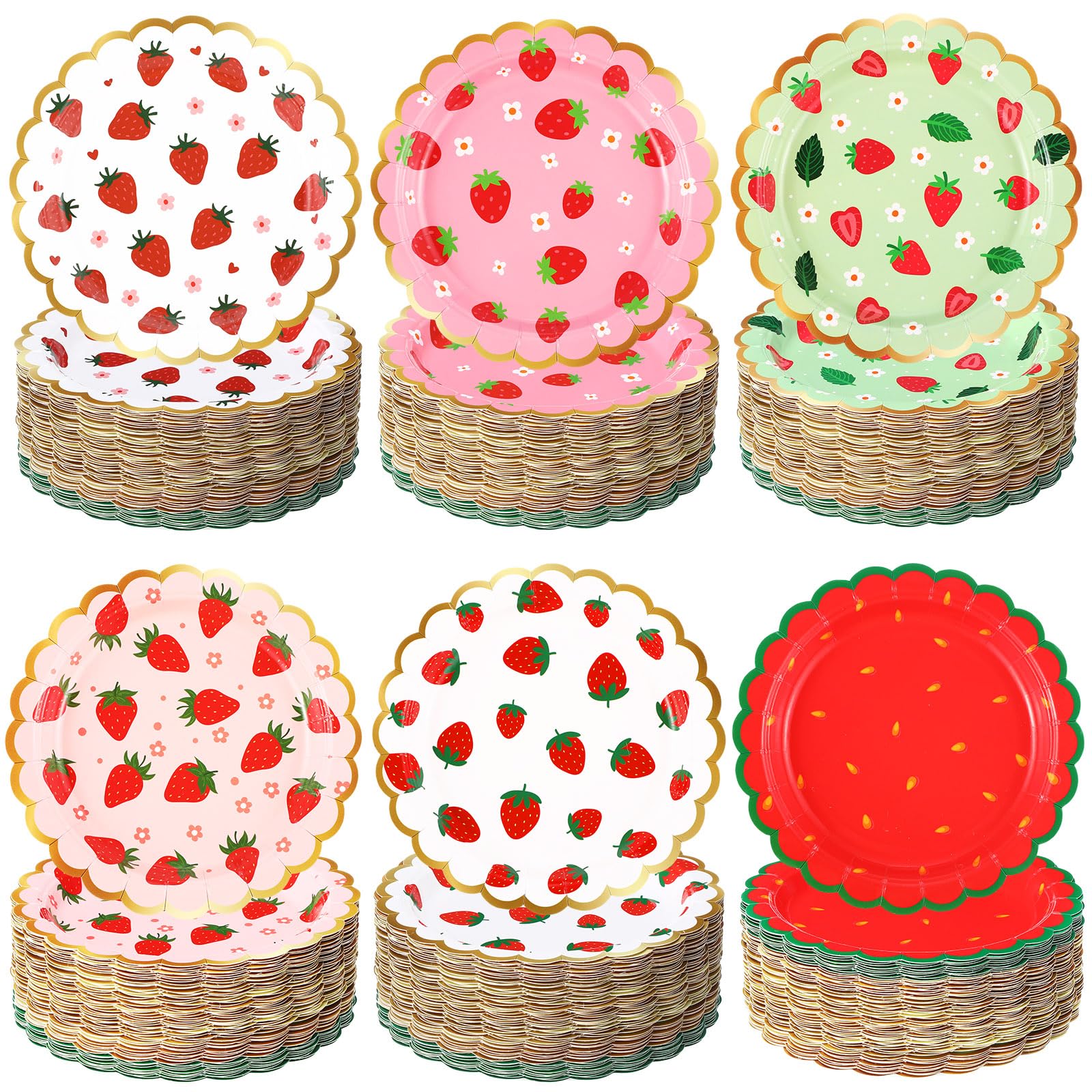 Funnymoom 60 Pcs Strawberry Party Plates Berry First Birthday Disposable Flower Shaped Paper Plates 7 Inch Summer Fruit Dessert 