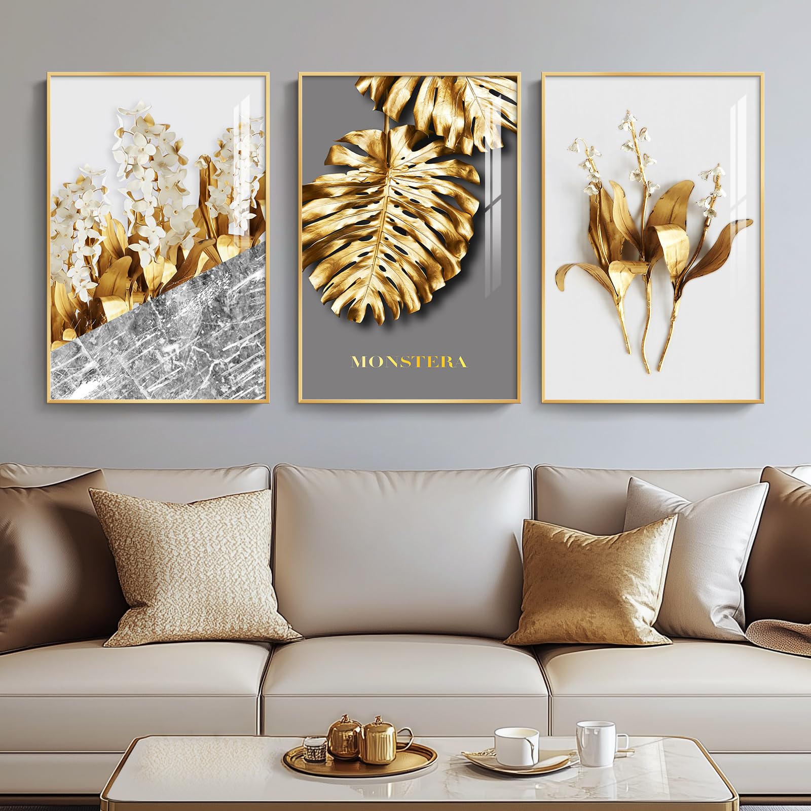 Framed Modern Luxury Gold Wall Art, Set Of 3 Piece Contemporary Paintings Artwork For Walls, Golden Leaf Prints With Gold Frame,