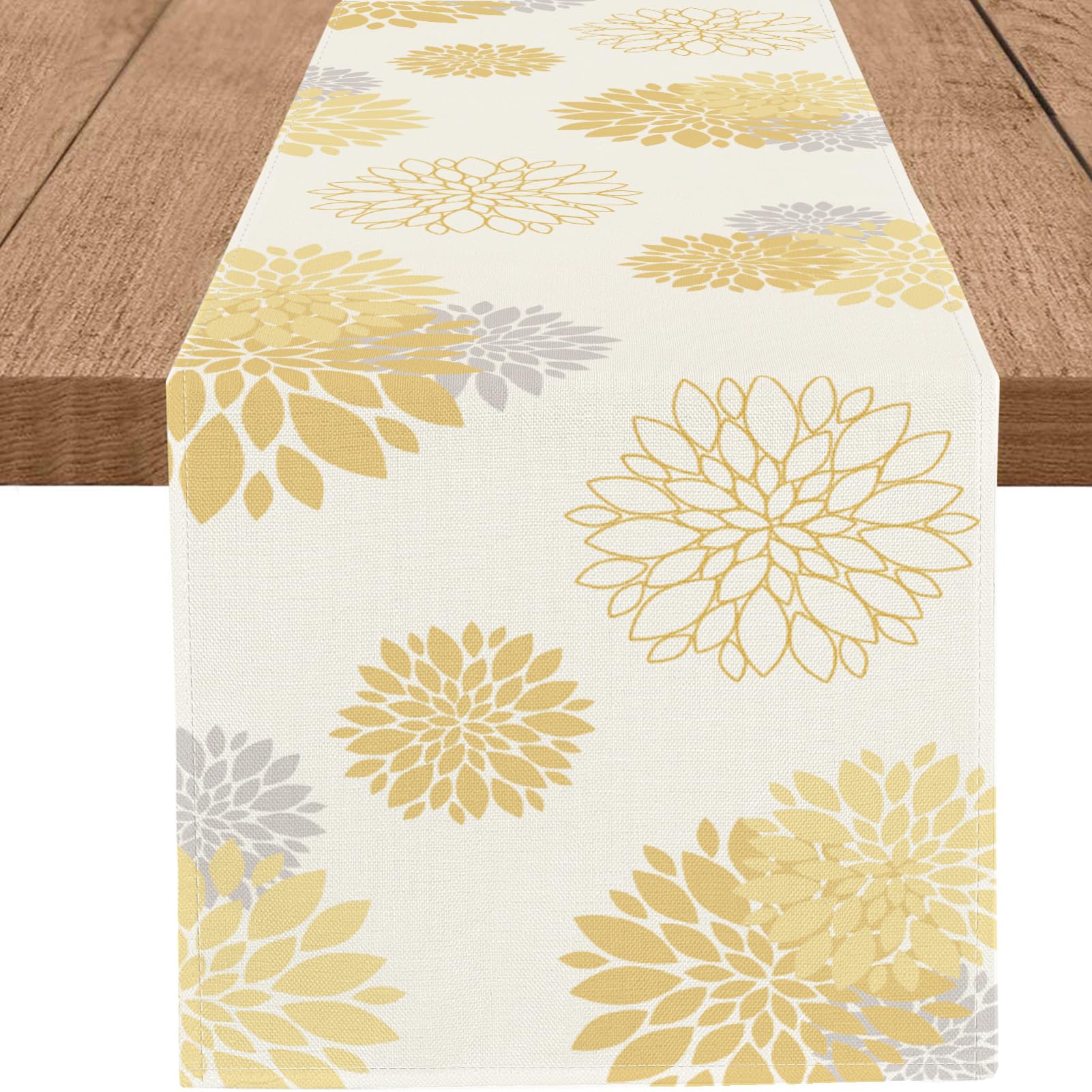 WHOMEAF Yellow Gray Table Runner Dahlia Pinnata Flower Beige Table Runners Modern Elegant Pompon Farmhouse Geometric Table Cente