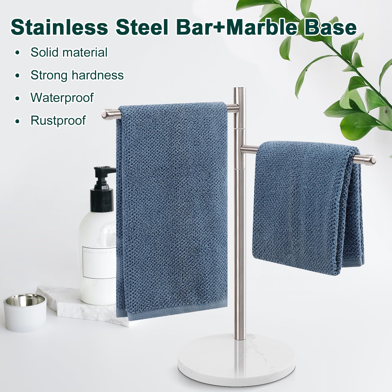 Bathace Hand Towel Holder, F-Shape Hand Towel Stand With Marble Base, Stainless Steel Swivel Stand Hand Towel Rack Free-Standing