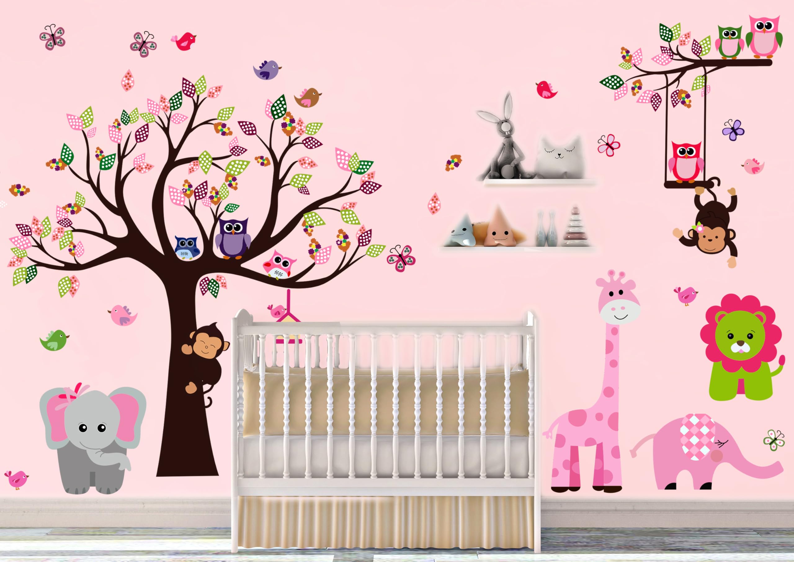 DEKOSH Kids Pink Jungle Theme Peel & Stick Girl Nursery Wall Decal  Colorful Owl Giraffe Lion Tree Decorative Sticker for Baby Bedroom  Playroom Mural