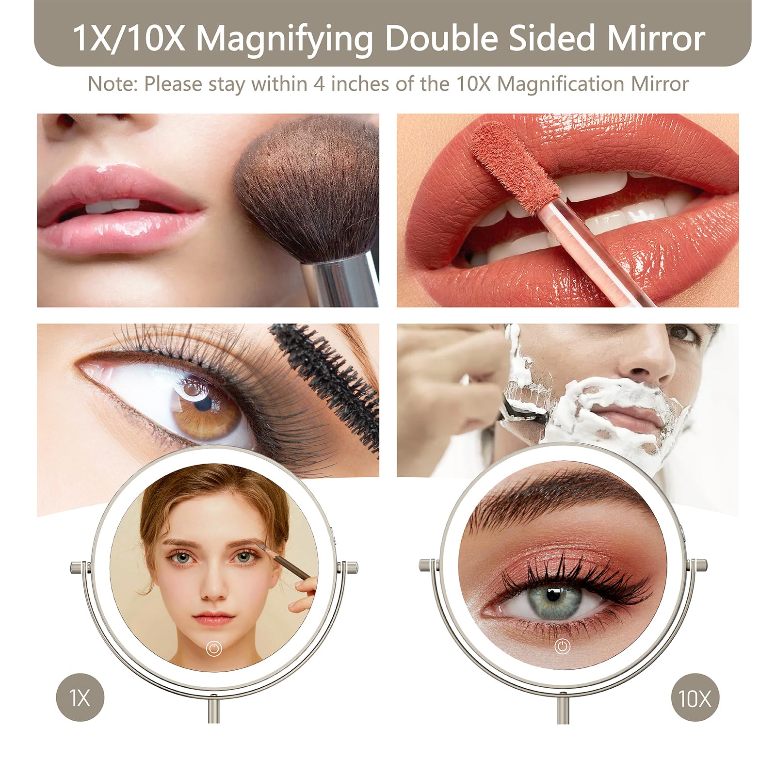 Miroamz 8'' Lighted Makeup Mirror, 1X/10X Magnification Mirror With Light, Double Sided Dimmable Mirror, Rechargeable & Brightne