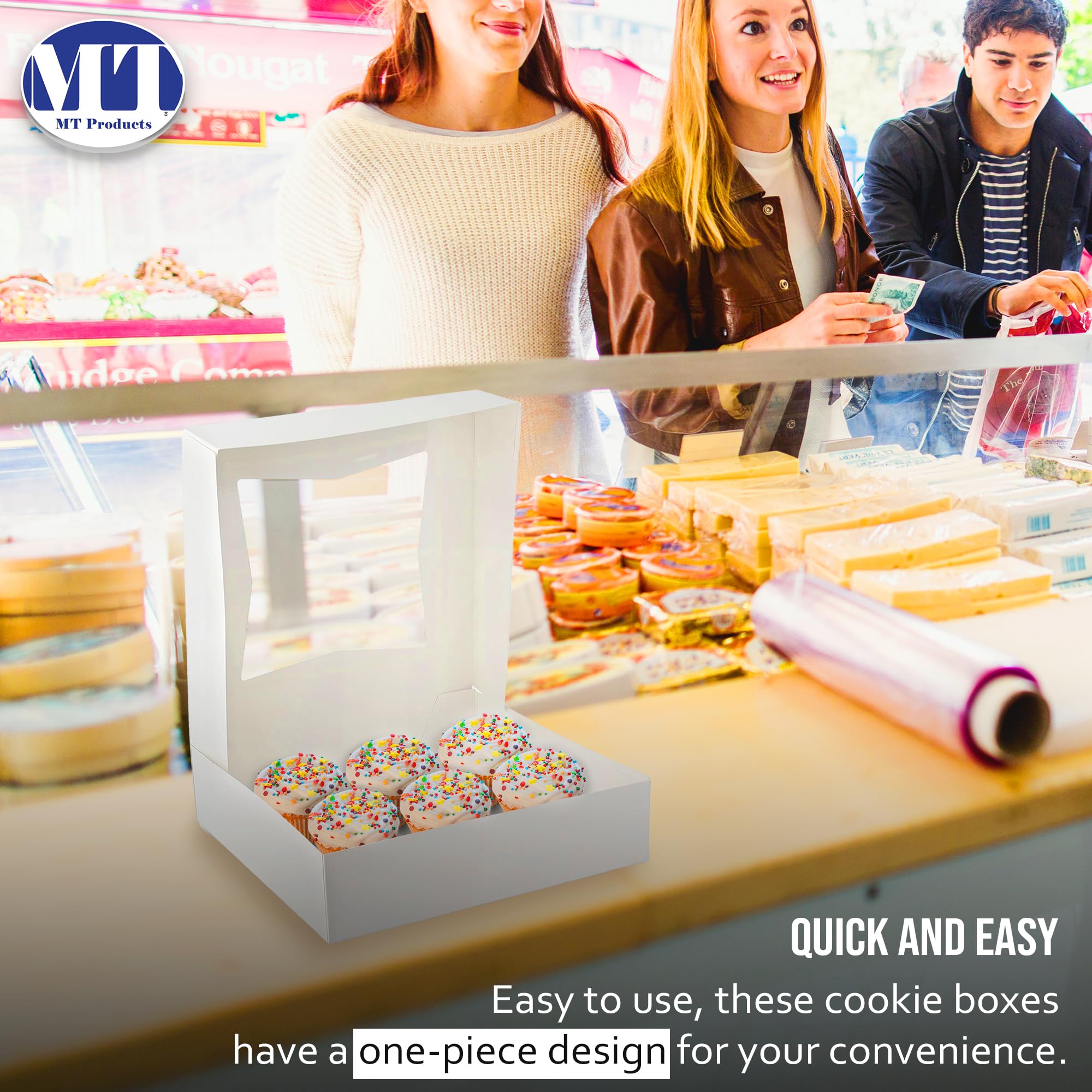 Mt Products White Cookie Boxes - Size Of 8'' X 8'' X 2.5'' - (Pack Of 25) Auto Pop-Up Bakery Boxes With Window - Made In The Usa