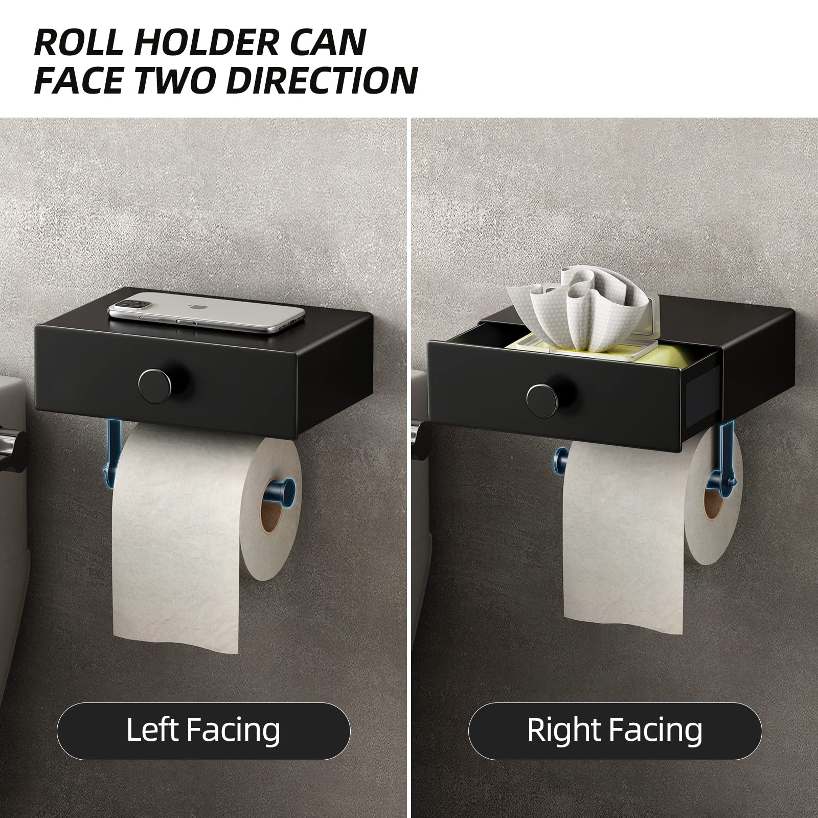 VOLDRA Toilet Paper Holder with Shelf Black Wipes Dispenser Bathroom Toilet Paper Holder with Storage Upgrade Drawer Design Toilet Tissue Holder Adhesive Small Bathroom Shelf Wall Mount