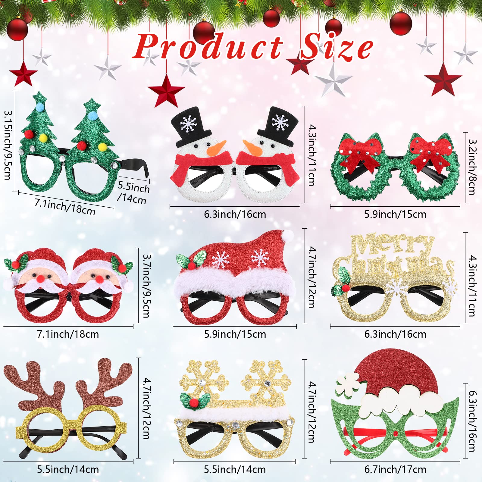Threan 24 Pcs Christmas Glasses Frame Glitter Christmas Party Favor Novelty Holiday Eyewear Xmas Funny Photo Booth (Lovely Style