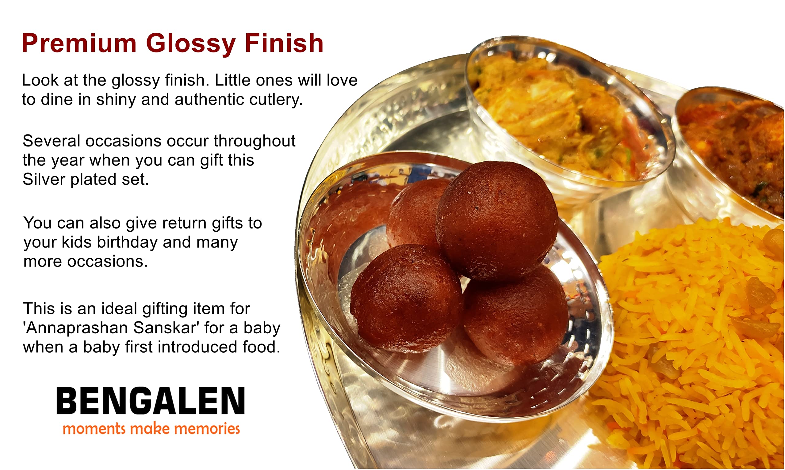 Bengalen Silver Plated Dinner Set 12 Inch For Gift Baby Rice Ceremony Annaprashan Sanskar Kids Birthday For Boys Girls Home Deco