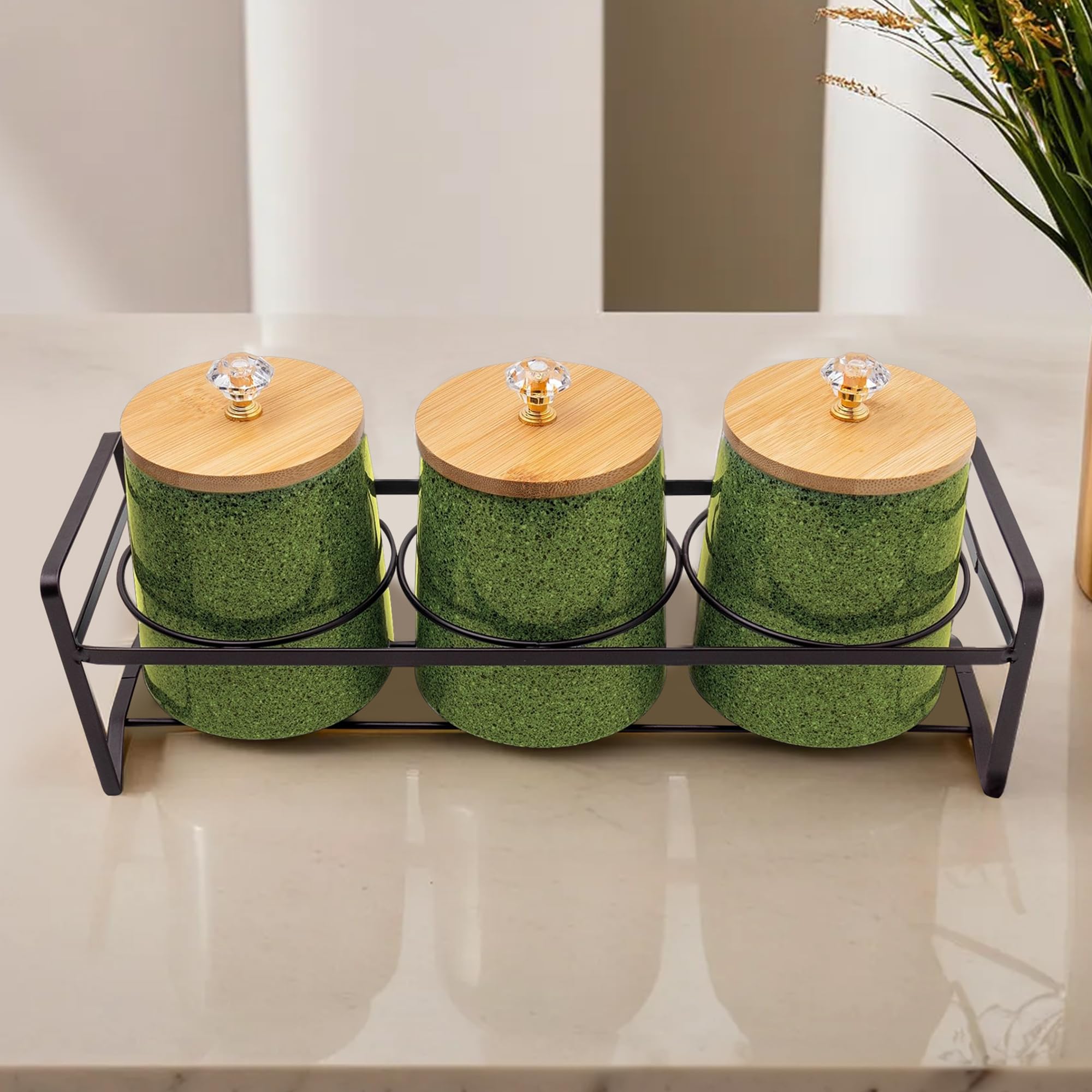 The Better Home Ceramic Jars Set For Kitchen Storage With Bamboo Lids And Iron Stand | Pack Of 3 | Airtight Kitchen Jars Contain