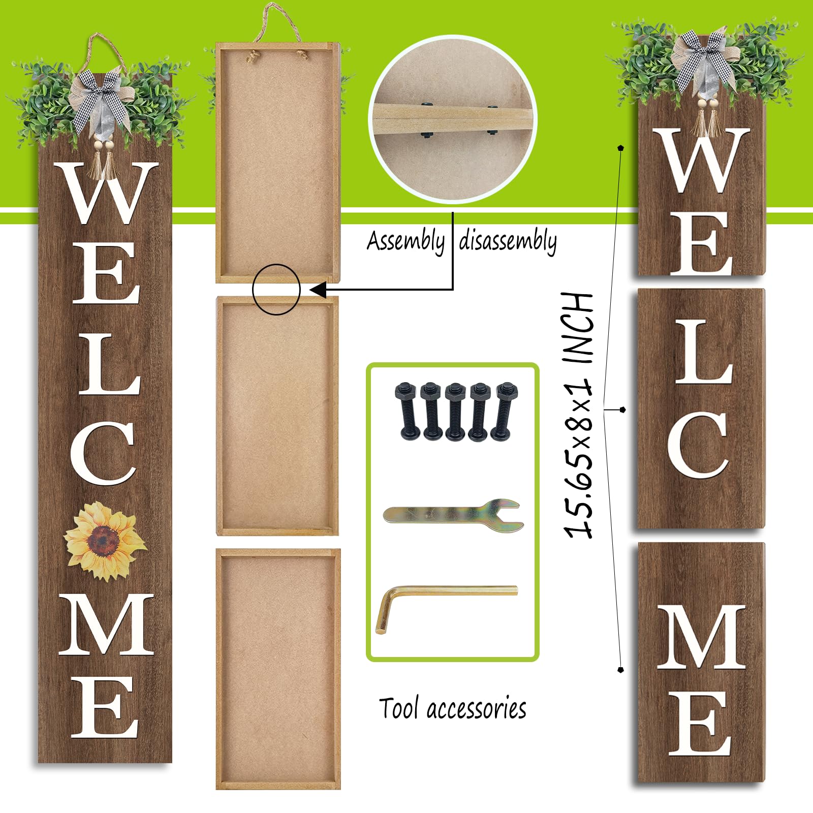 flowtorely Interchangeable Outdoor Welcome Sign for Front Porch Standing 47  8 Set of 3 Large Wood Frame with 12 Pcs Icons Verti