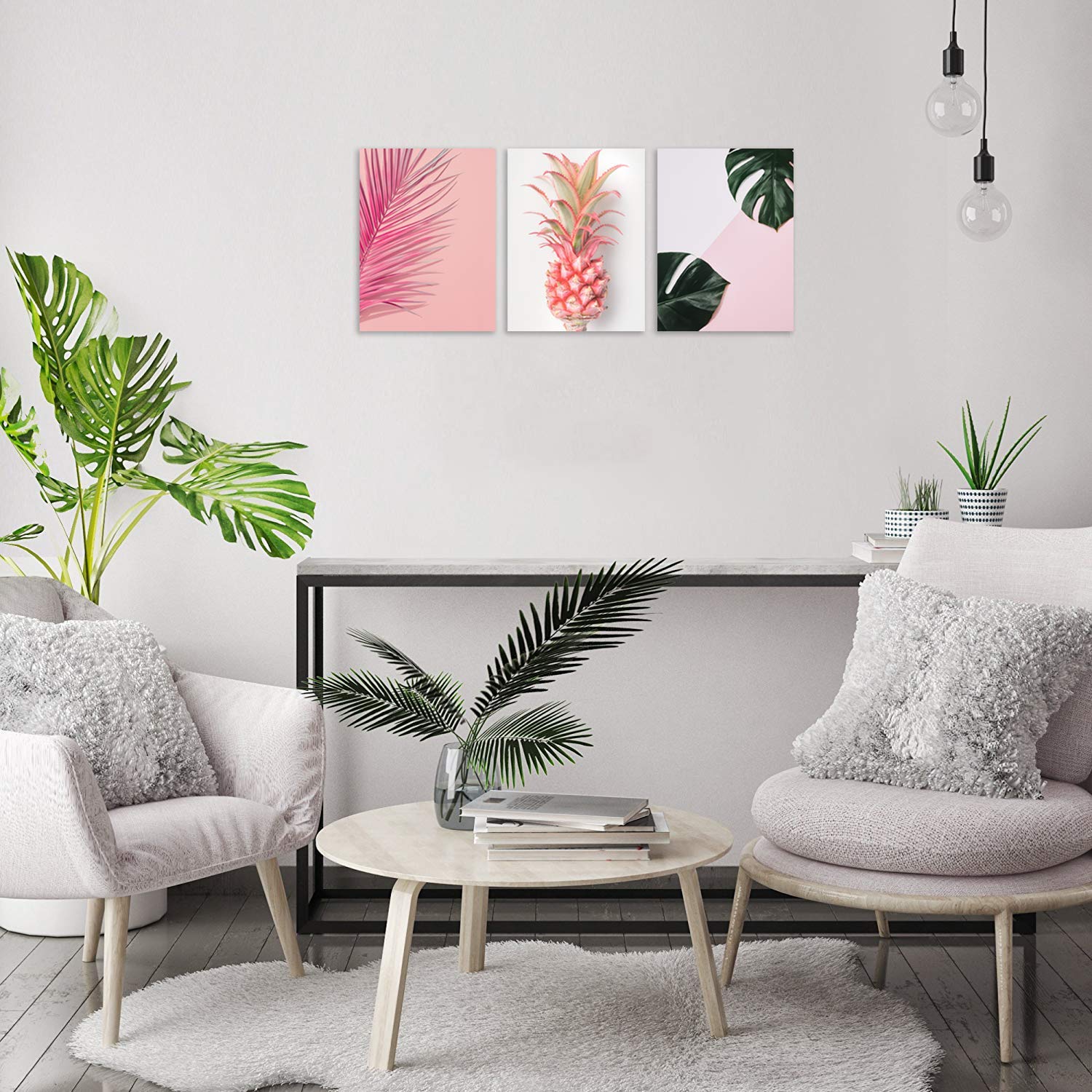 Tutubeer Plant Wall Art With Pink Pineapple At Pink Background Tropical Wall Decor Green Plant Art 12'' X 16'' X 3 Pieces Canvas