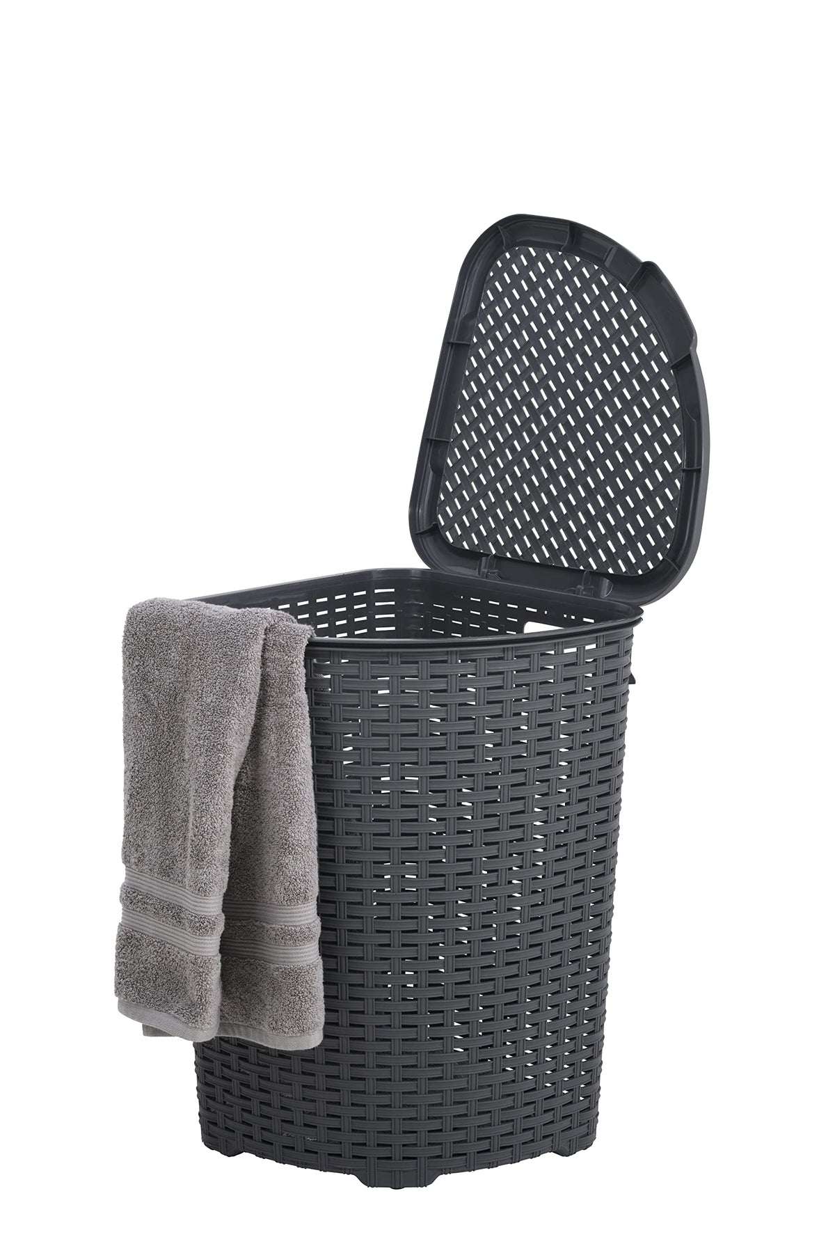 Plastic Corner Laundry Hamper With Lid, Curved Designed Laundry Basket, Triangle Grey Cloths Hamper Organizer With Cut-Out Handl