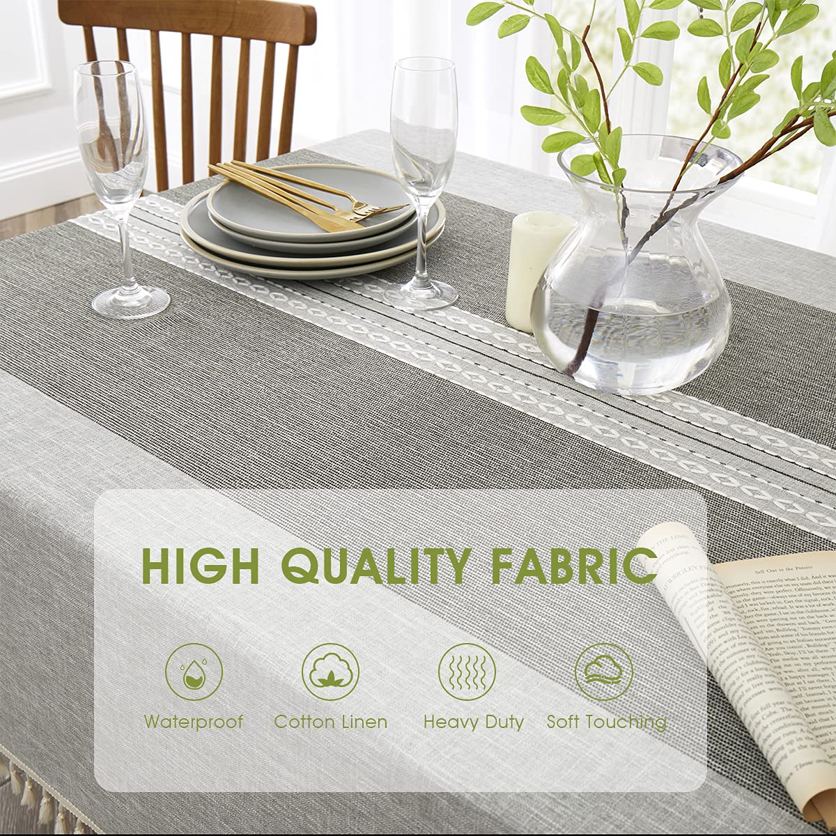 Qianquhui Embroidered Tablecloth For Dining Table,Dust Proof Spillproof Soil Resistant Cotton Linen Rectangle Table Cloths (Grey