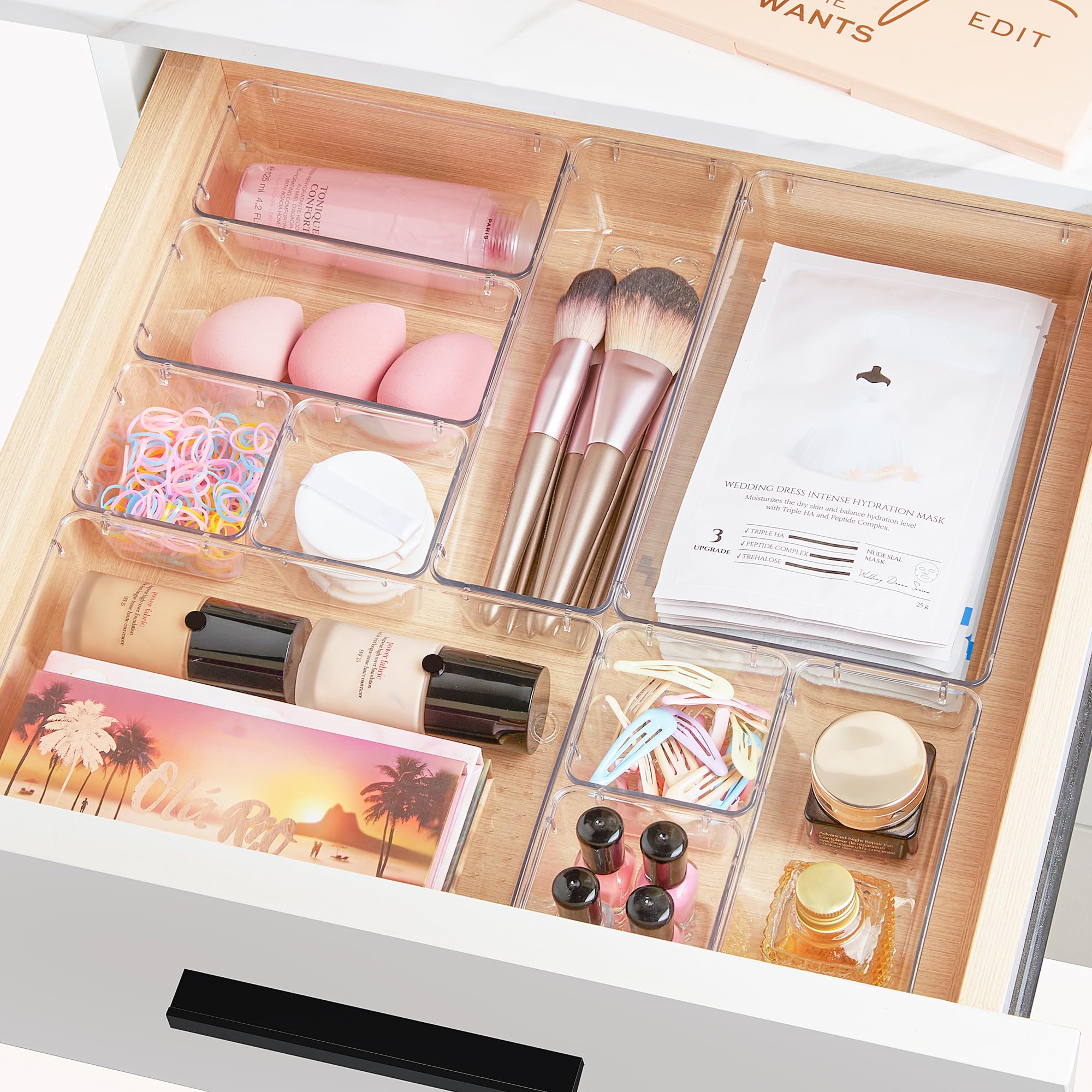 Vtopmart 66 PCS Clear Plastic Drawer Organizers Bins, 4-Size Versatile Bathroom and Vanity Organizer Trays, Non-Slip Storage Con