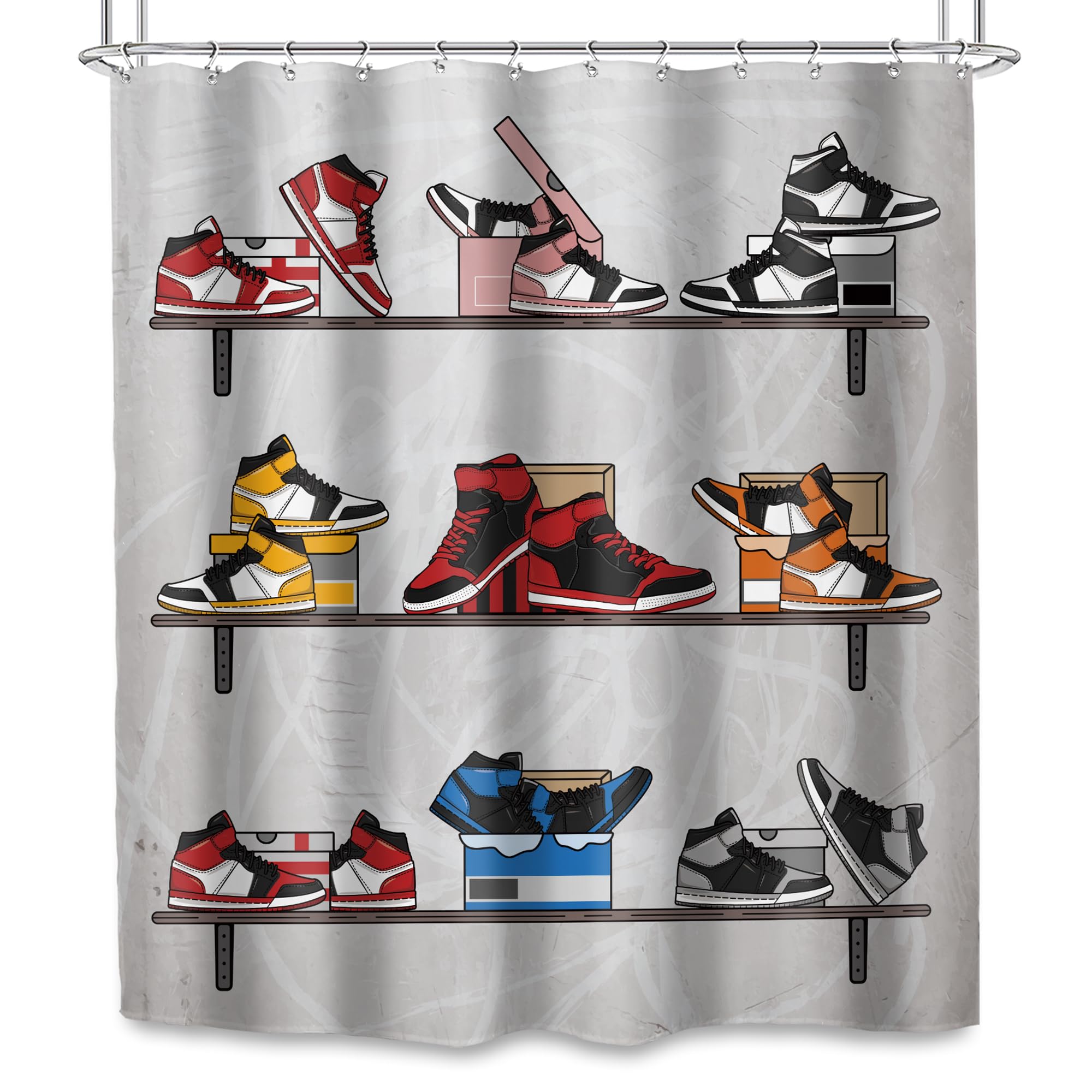 Svbright Retro Basketball Shoes Shower Curtain 60Wx72L Inch Sneaker Sports Footwear Theme Red Black For Boys Men Teens 12 Pack H