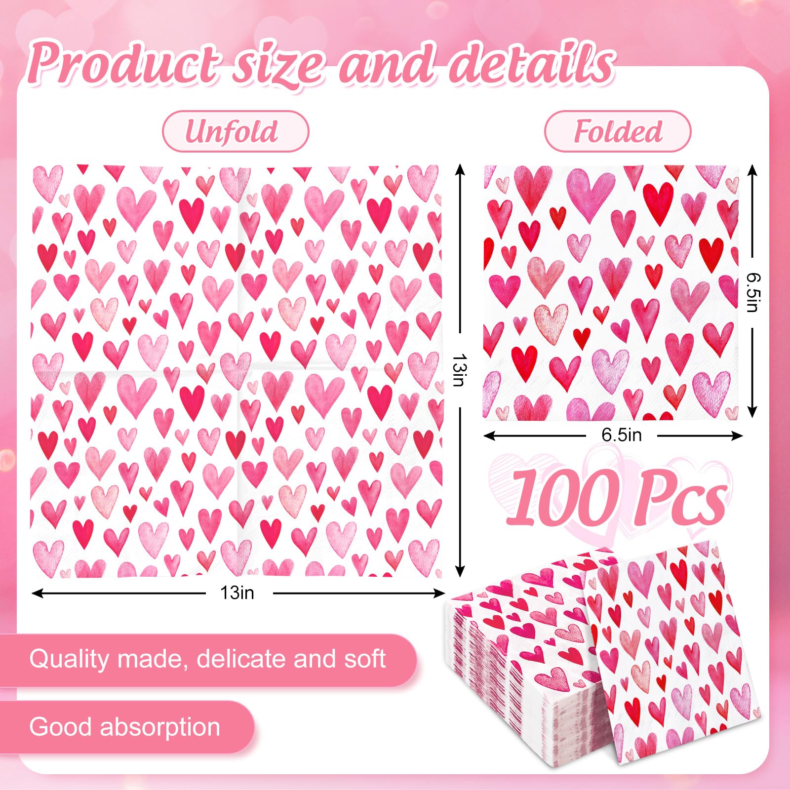 Anydesign 100Pcs Valentine'S Day Paper Napkins Disposable Pink Watercolor Love Heart Luncheon Napkins Dinner Hand Napkins For Pa