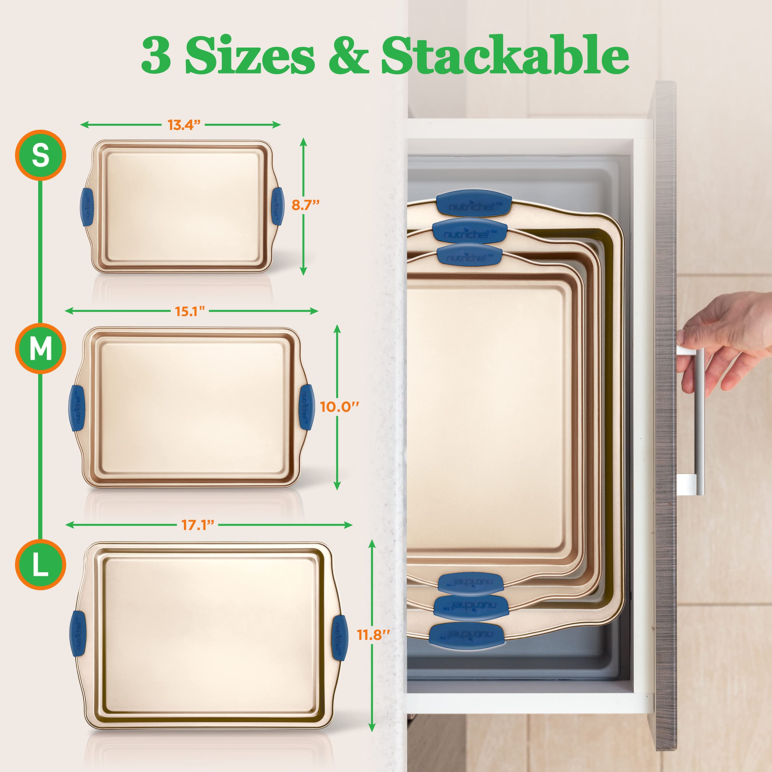 NutriChef 3-Piece Nonstick Bakeware Set - Carbon Steel Cookie Sheet Pans with Blue Silicone Handles - PFOS/PFOA/PTFE-Free, Champagne Gold