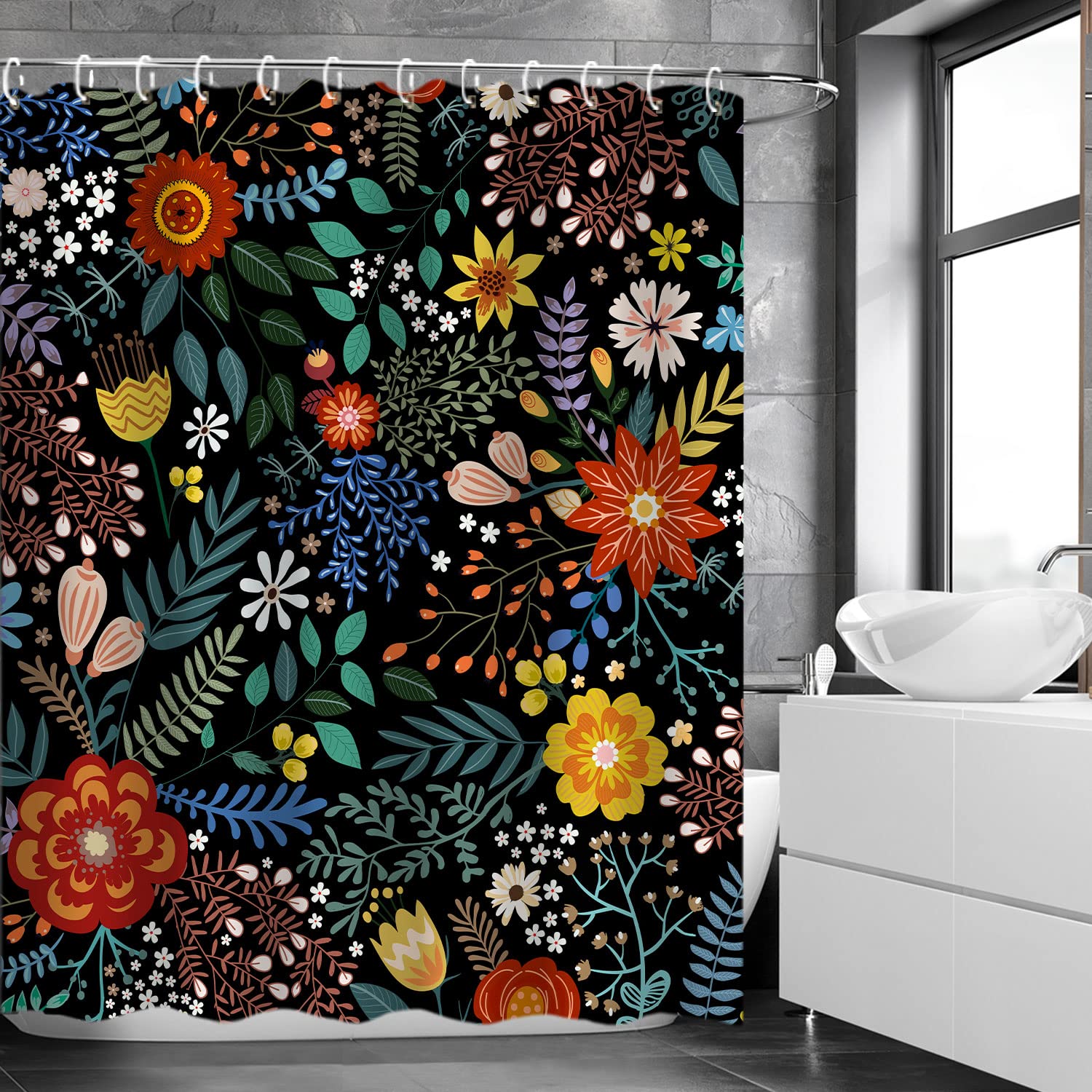 Livilan Black Floral Shower Curtain For Bathroom Flower Shower Curtain Dark Shower Curtains Colorful Unique Boho Shower Curtain