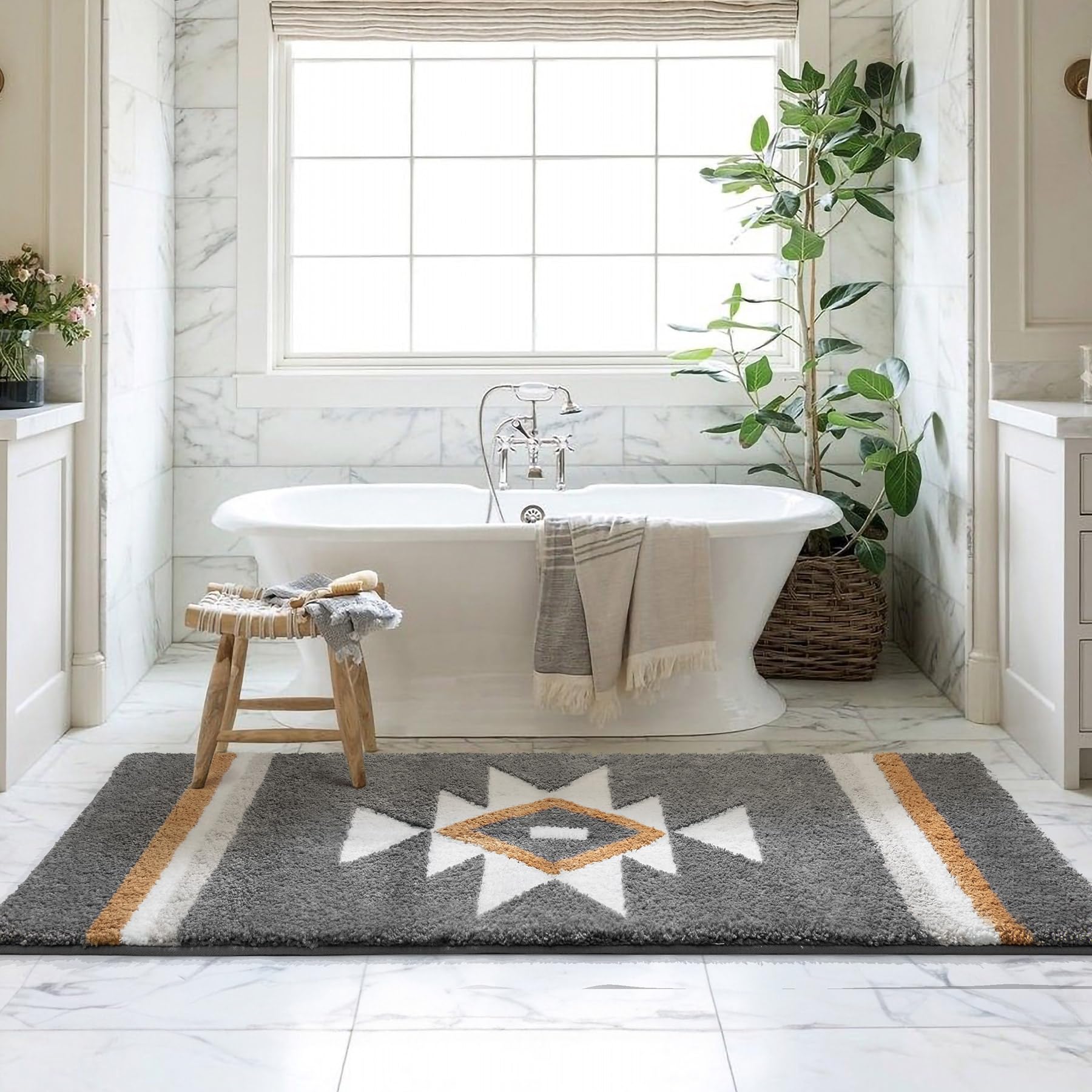 Tanvill Boho Bathroom Rugs Runner Non Slip Bath Mat, Geometric Long Bathroom Rug Soft Absorbent Large Carpet For Bathroom Entryw
